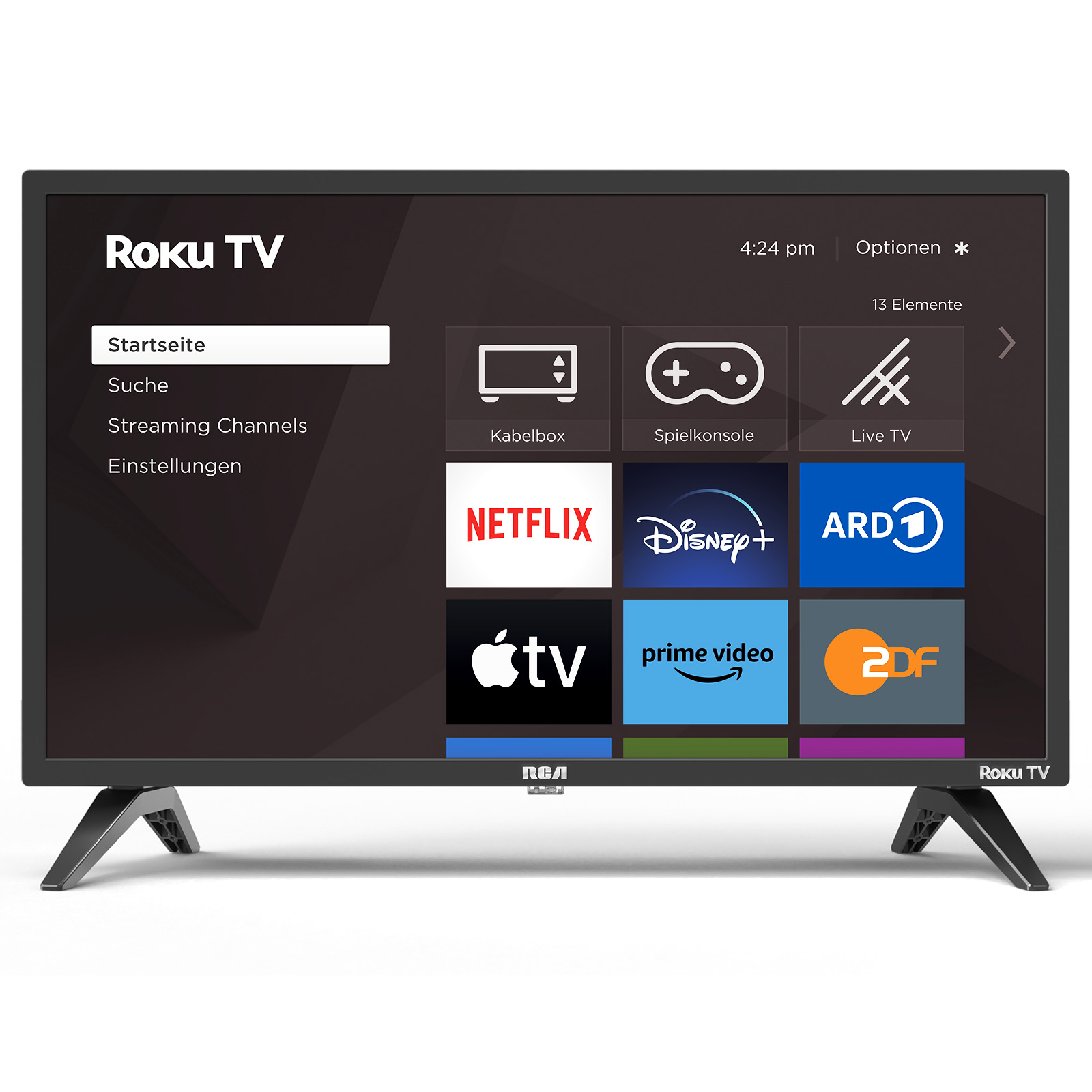 Ein Roku TV zeigt eine Auswahl an Apps, z.B. Netflix, Disney+, Prime Video.