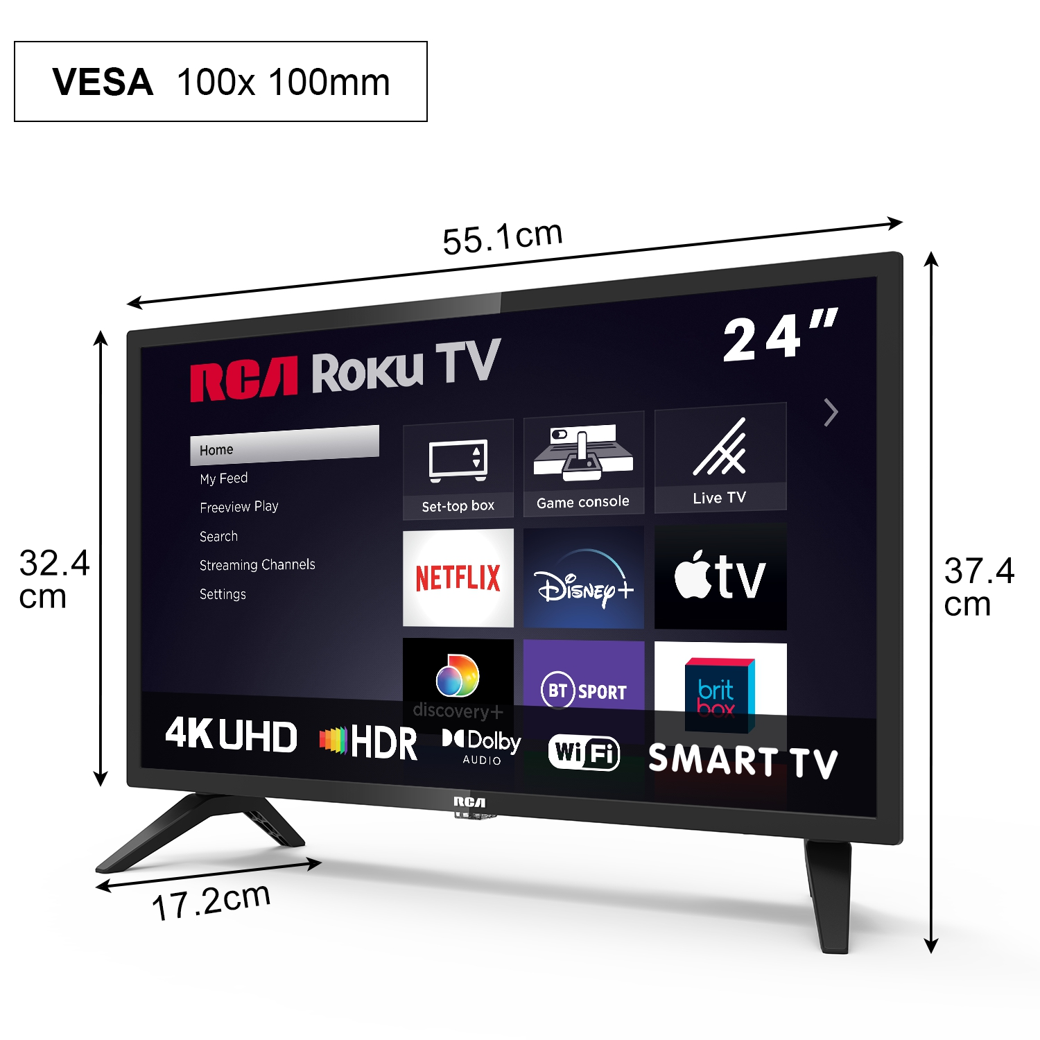 Ein 24-Zoll RCA Roku Smart TV mit Maßen und VESA-Montageinfo.
