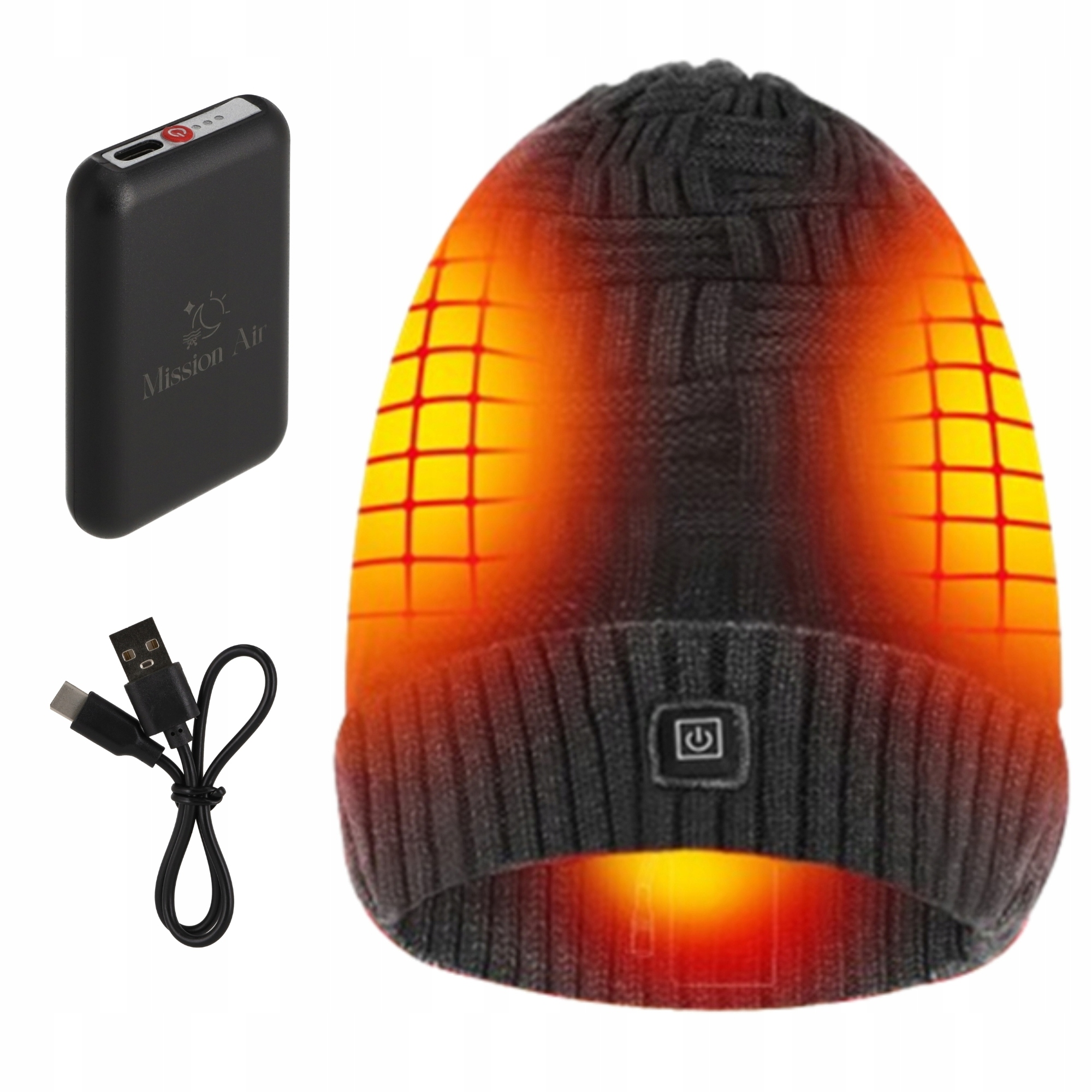 Szary podgrzewany kapelusz z powerbankiem i kablem USB. Świeci na czerwono/żółto.
