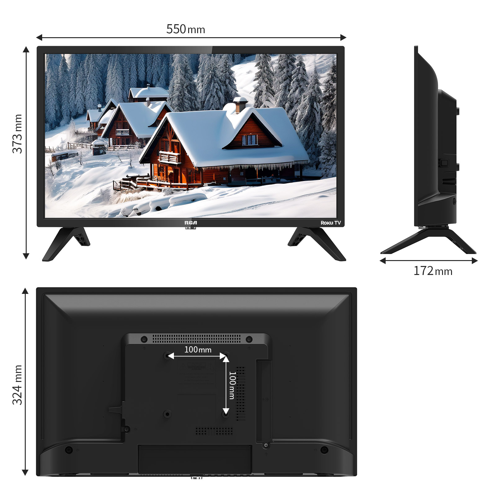 Ein Fernseher mit Winterlandschaft, Maße und Rückansicht sind angegeben.