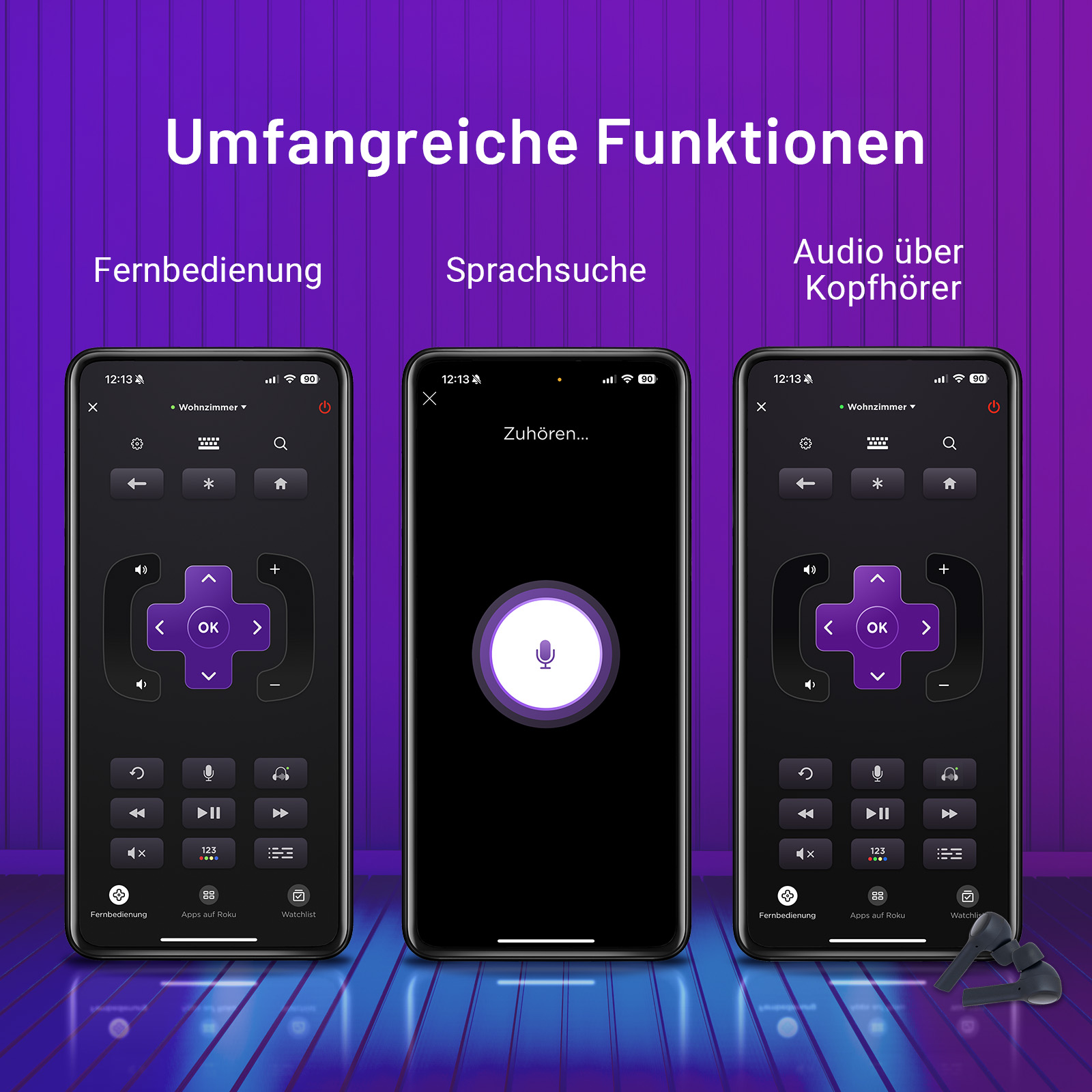 Drei Smartphone-Bildschirme zeigen TV-Fernbedienungs-Apps und Sprachsuche.