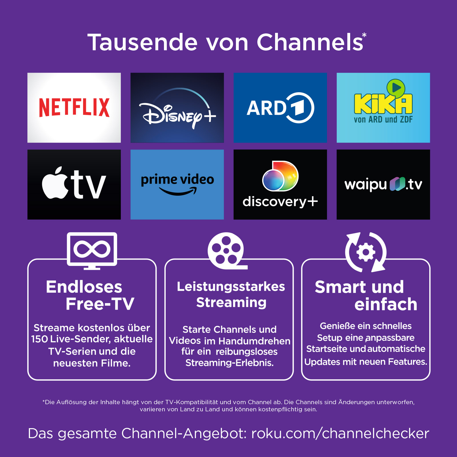 Tausende von Channels: Logos von Netflix, Disney+, ARD, KiKa, Apple TV, Prime Video, Discovery+, Waipu.tv.
