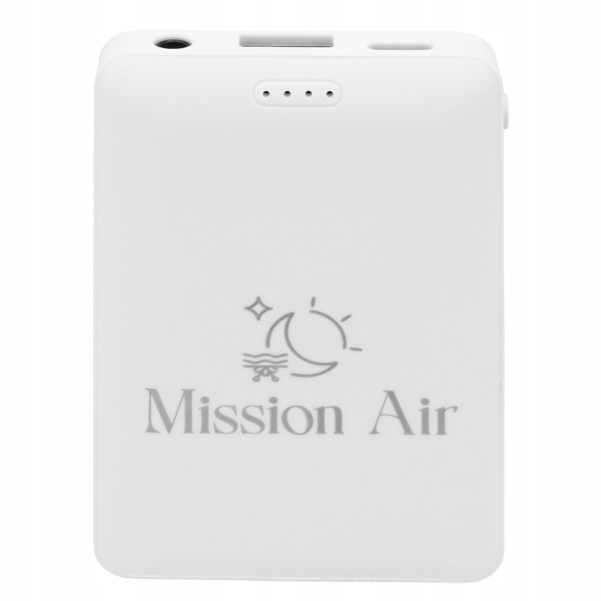 Białe urządzenie z logo Mission Air i symbolami słońca i księżyca.