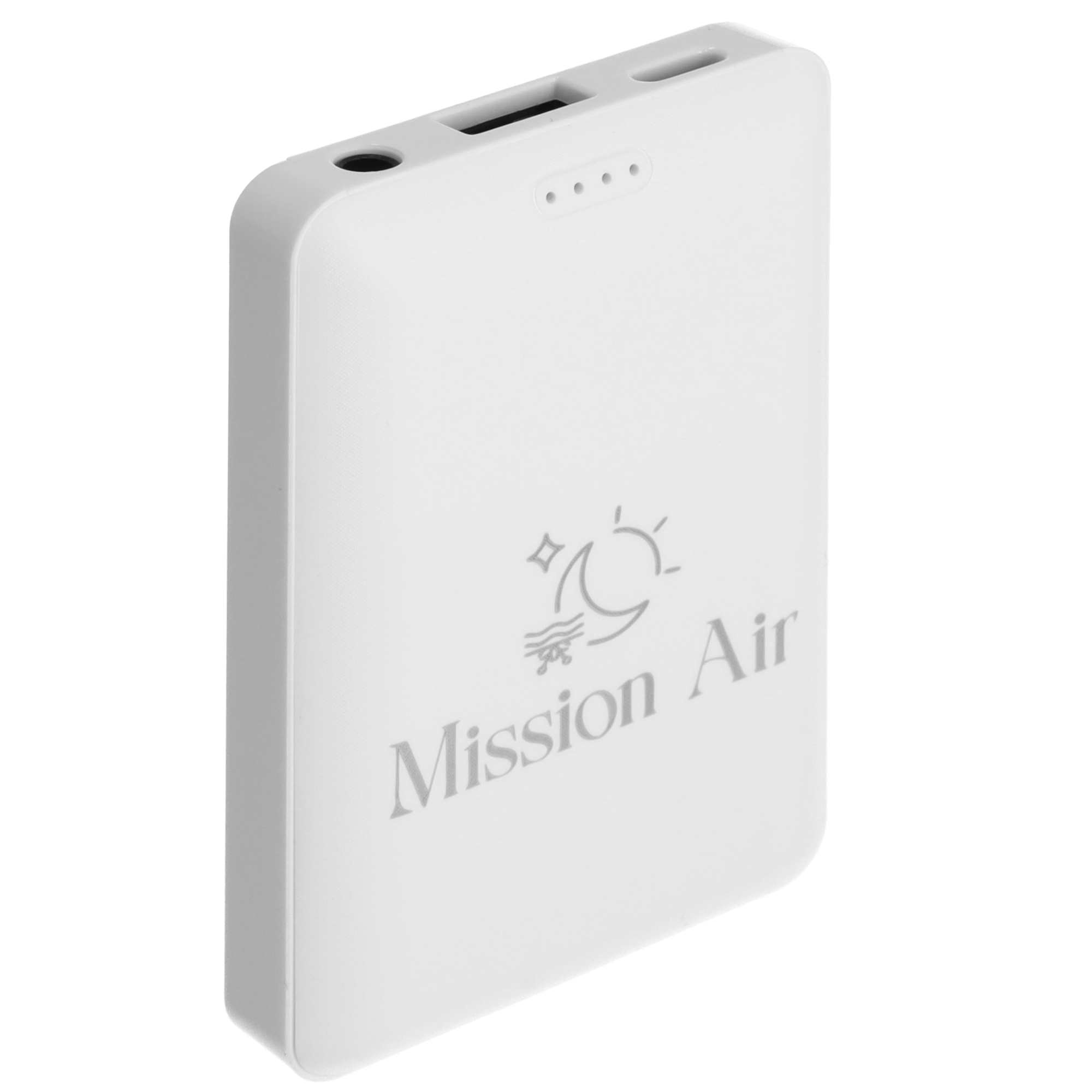Biały powerbank z logo 'Mission Air' i portami.
