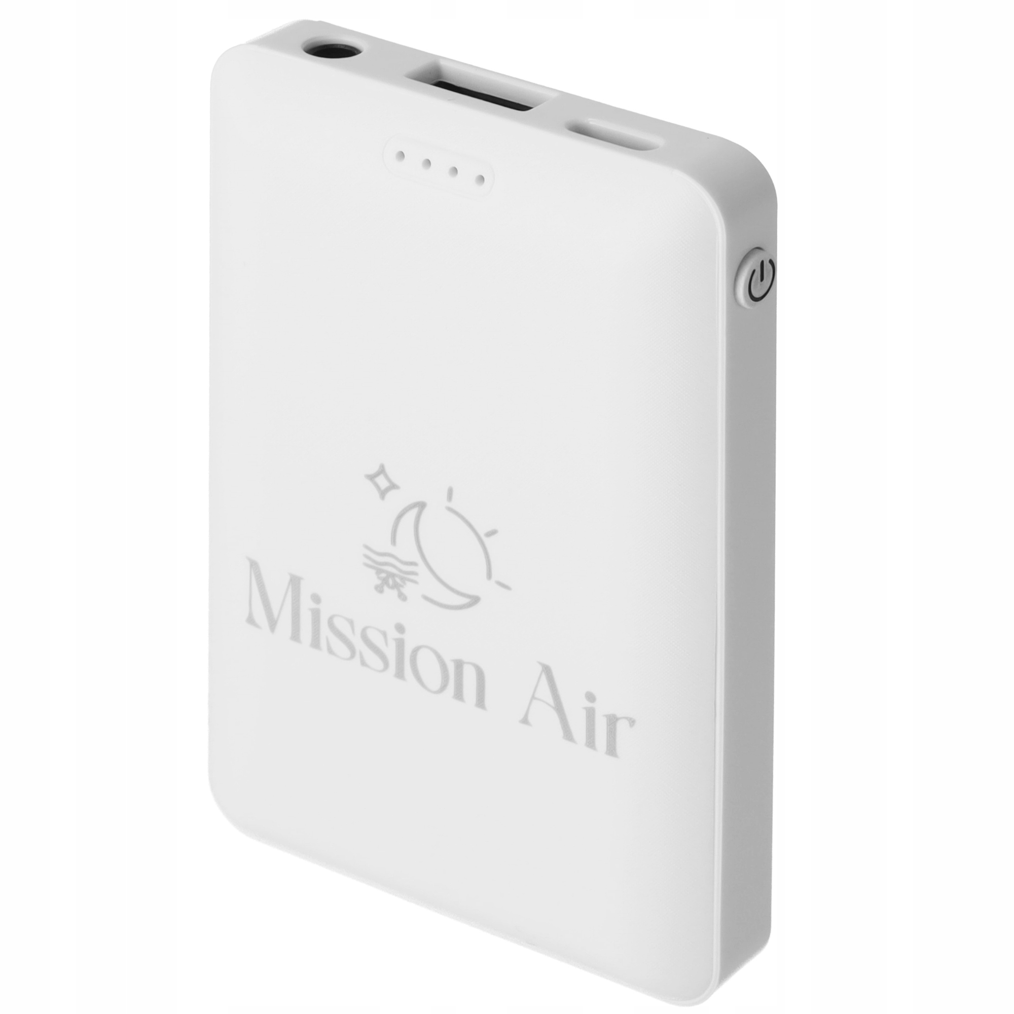 Białe prostokątne urządzenie z logo i portami u góry. Przycisk zasilania z boku.