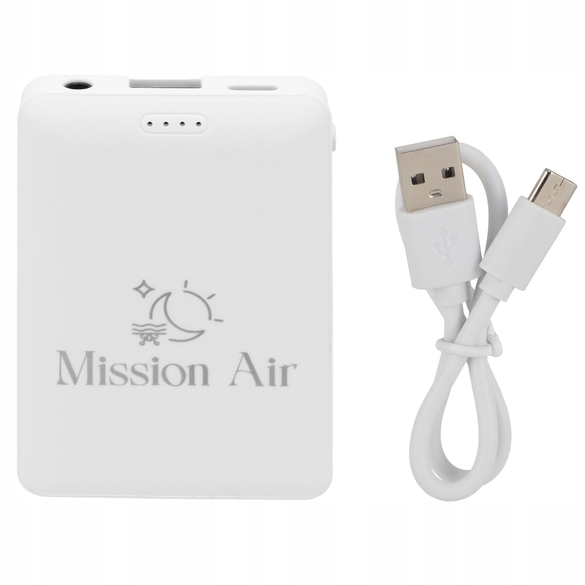 Biały przenośny power bank z kablem USB. Power bank ma logo