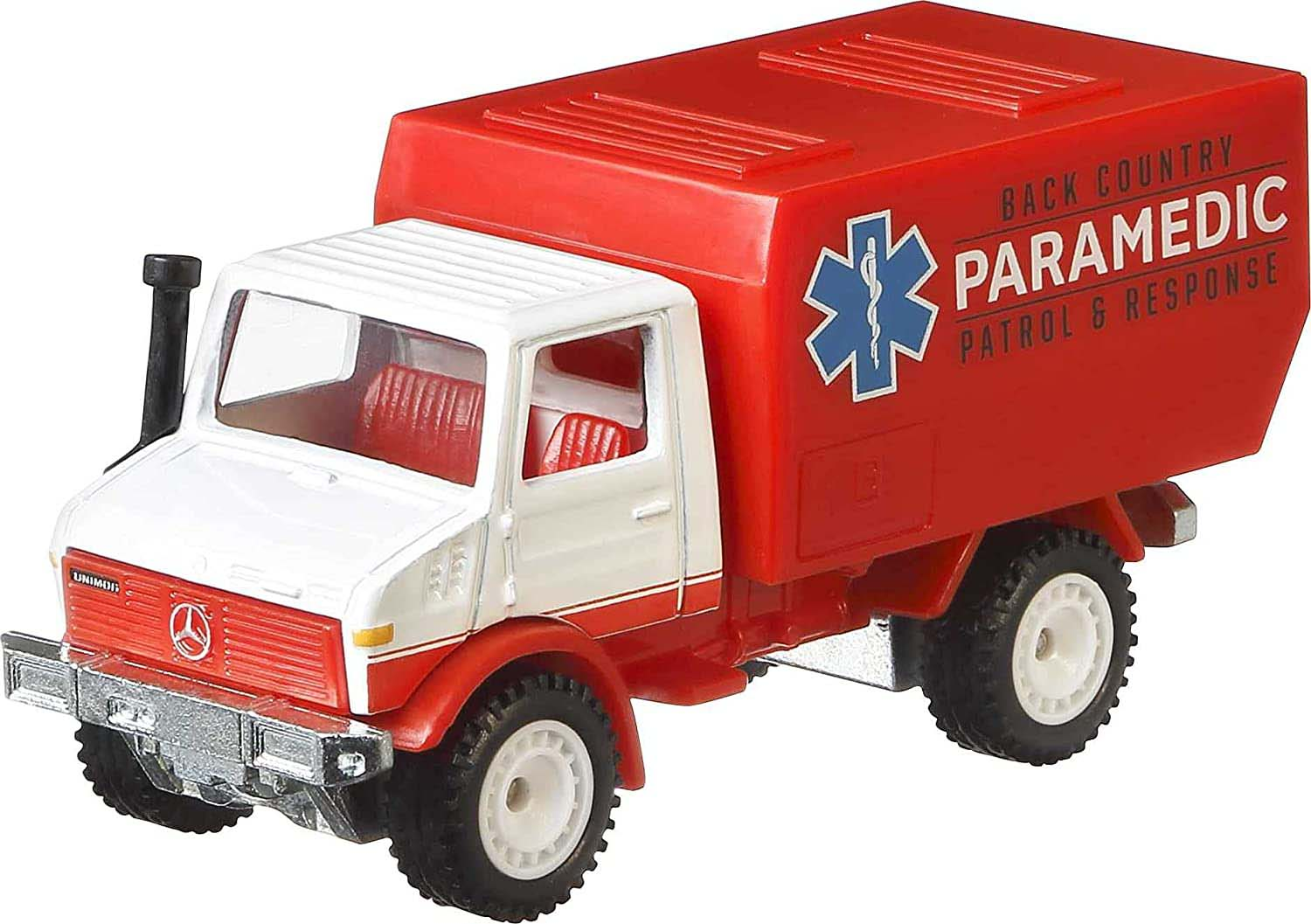 Ein rot-weißer Krankenwagen mit Stern und "Paramedic"-Aufschrift.