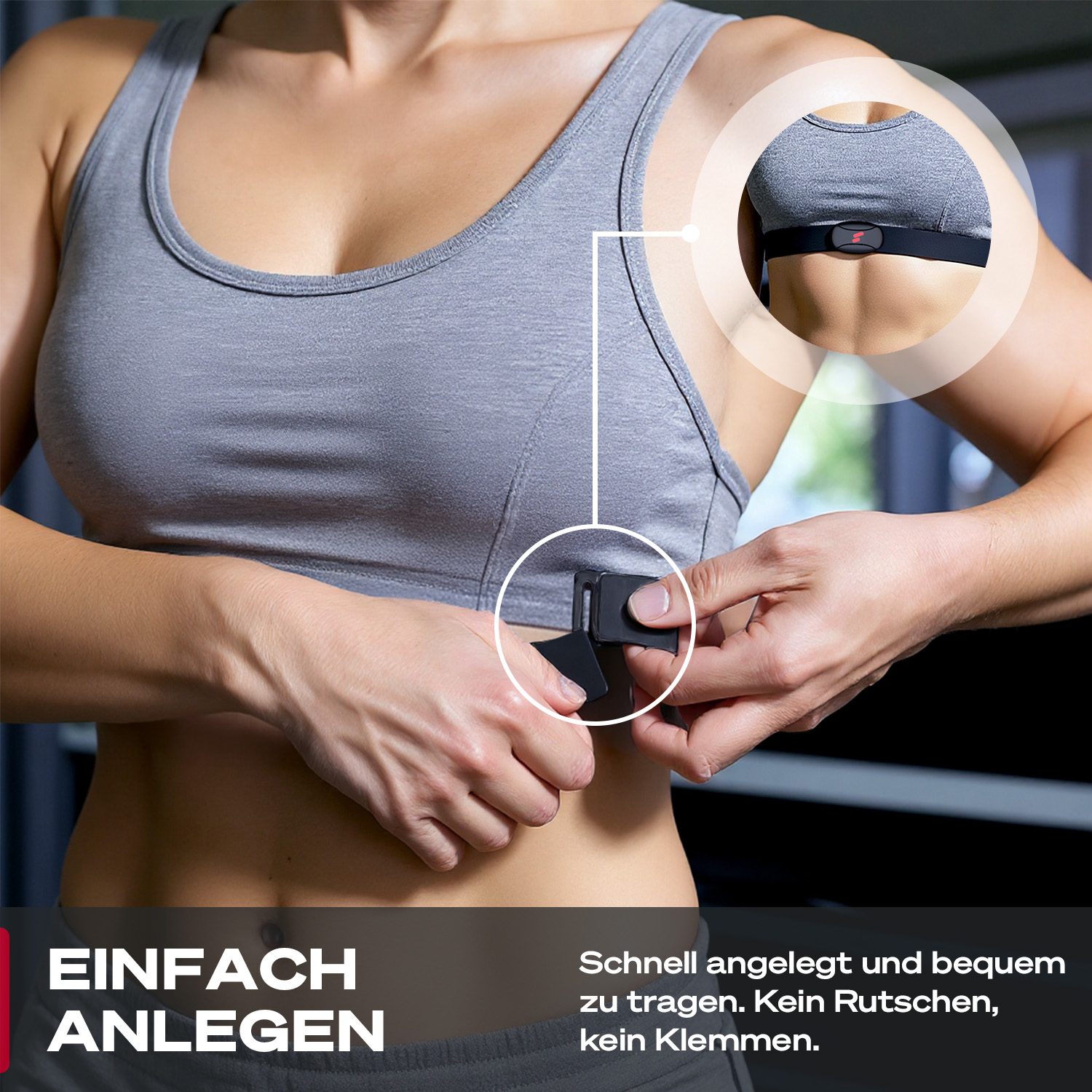 Frau befestigt einen schwarzen Herzfrequenzmesser unter ihrem Sport-BH.