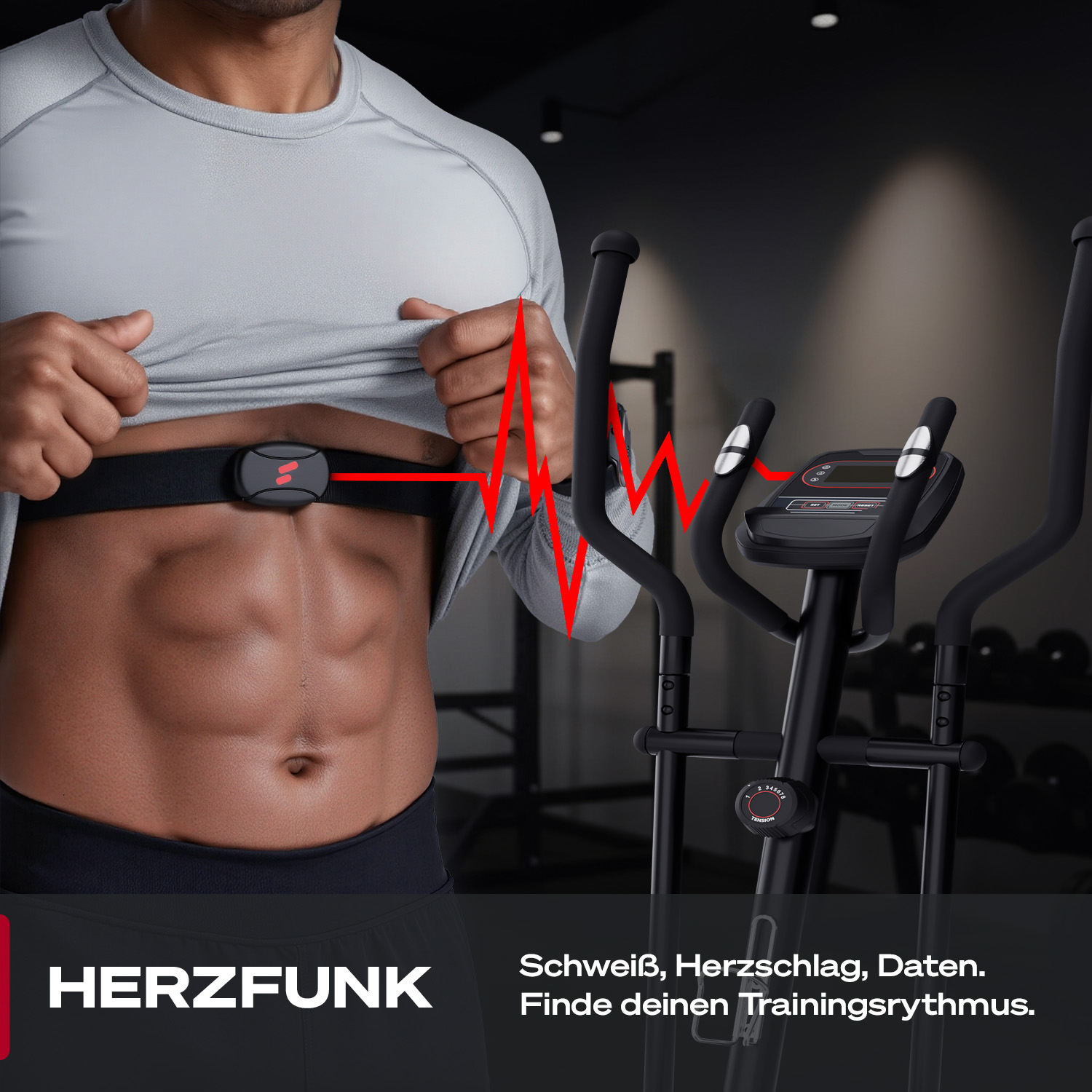 Mann mit Herzfrequenzmesser und Ellipsentrainer im Fitnessstudio.