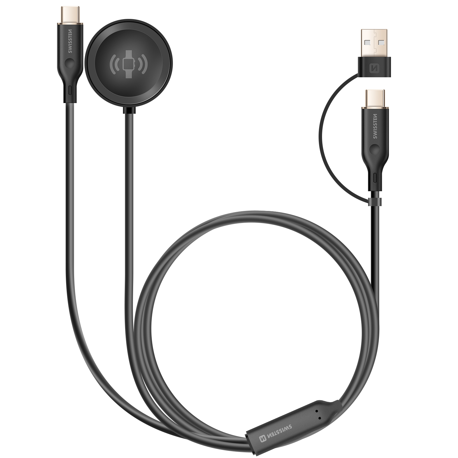 Cavo USB-C nero con base di ricarica e connettore USB-A.