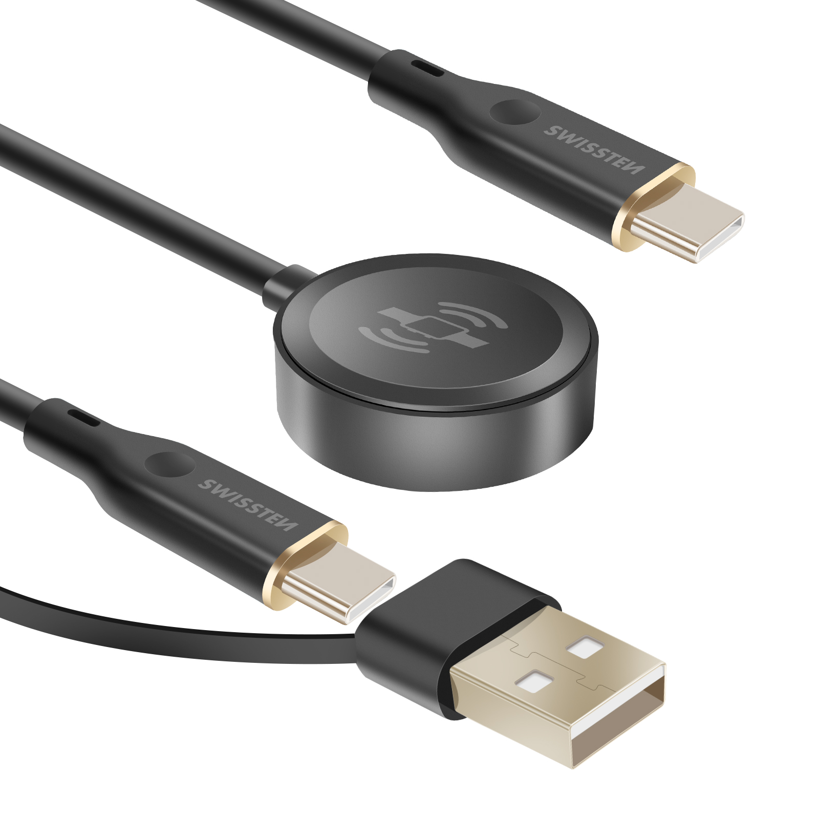 Cavo nero con connettori USB-C e USB-A e un caricatore Qi rotondo.