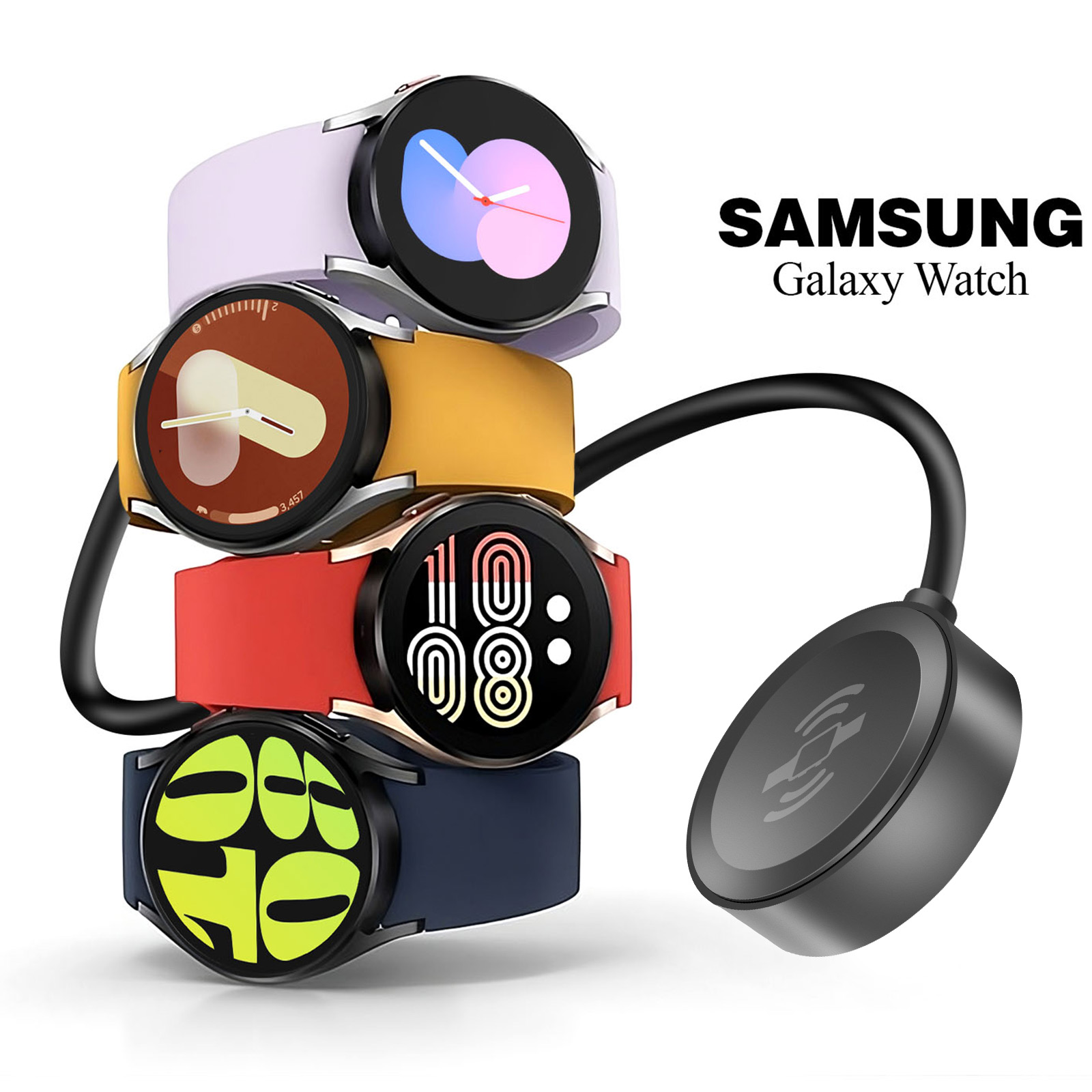 Quattro orologi Samsung Galaxy in vari colori, con base di ricarica.