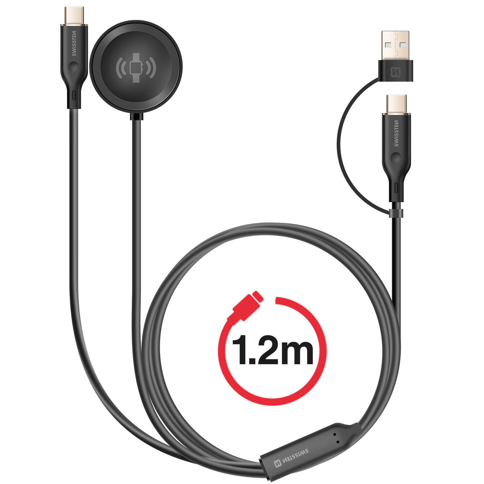 Cavo nero con connettori USB-C e USB-A, pad di ricarica con icona orologio, lunghezza 1,2m.