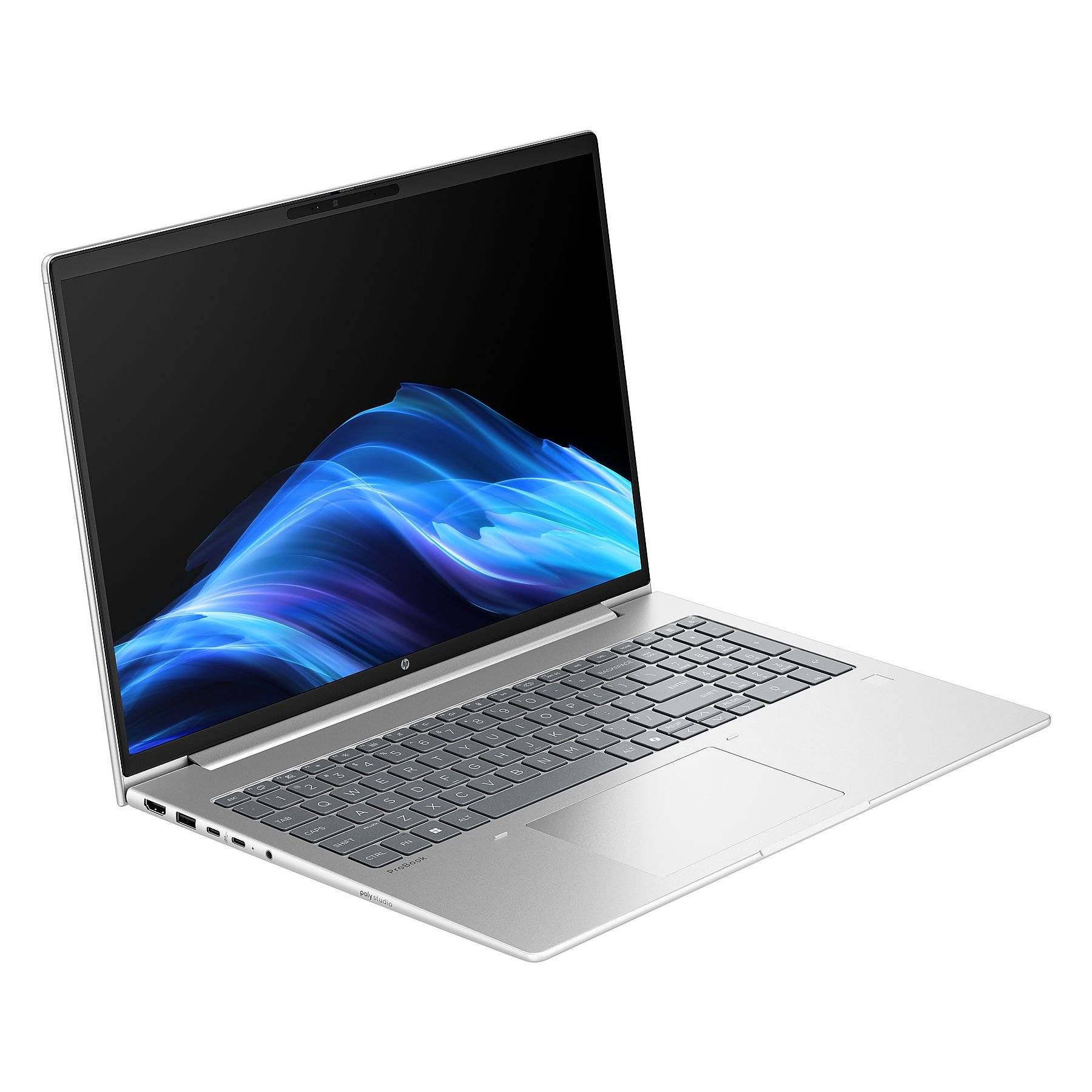 Un laptop argentato con uno sfondo astratto blu sullo schermo.