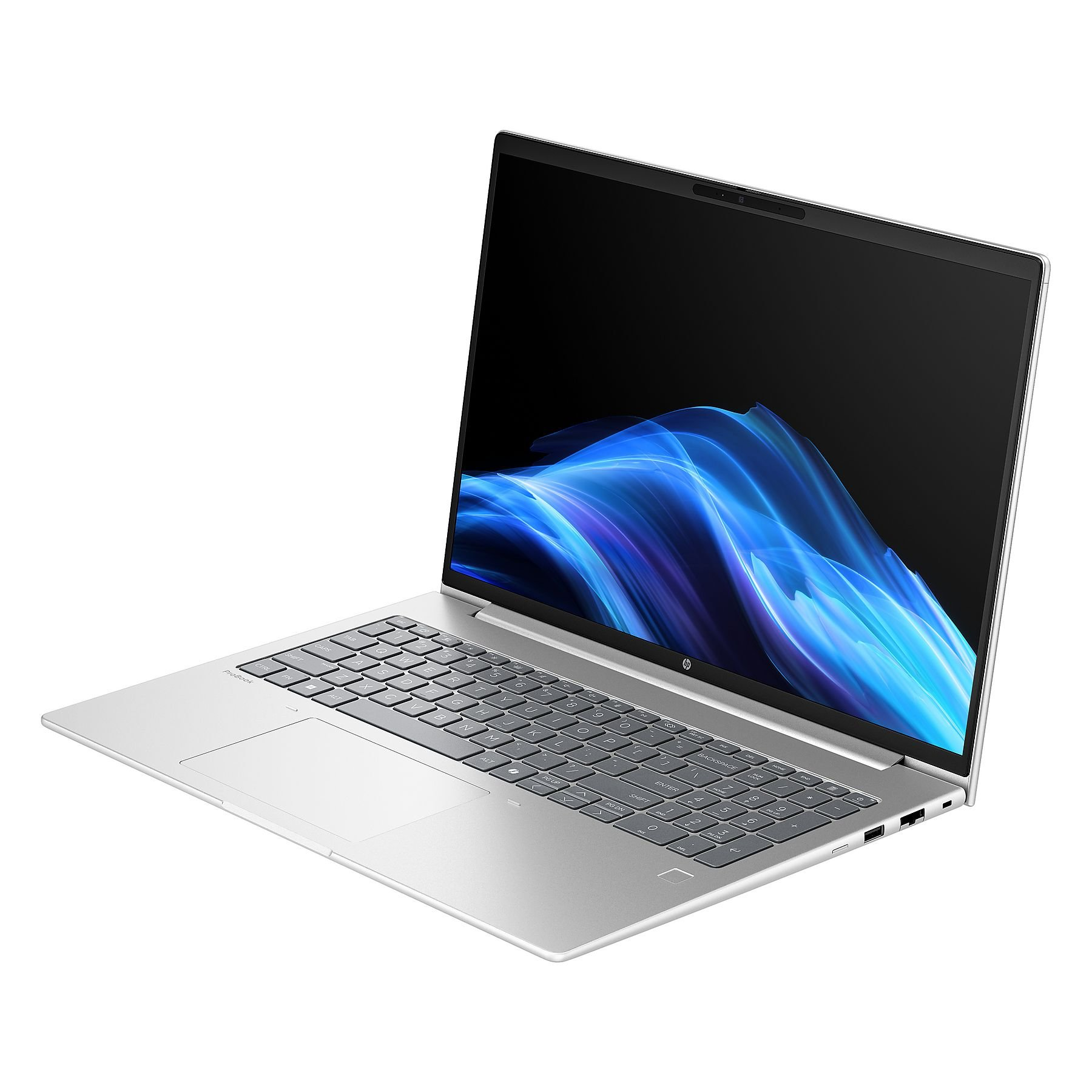 Un laptop argentato con uno sfondo blu luminoso sullo schermo.