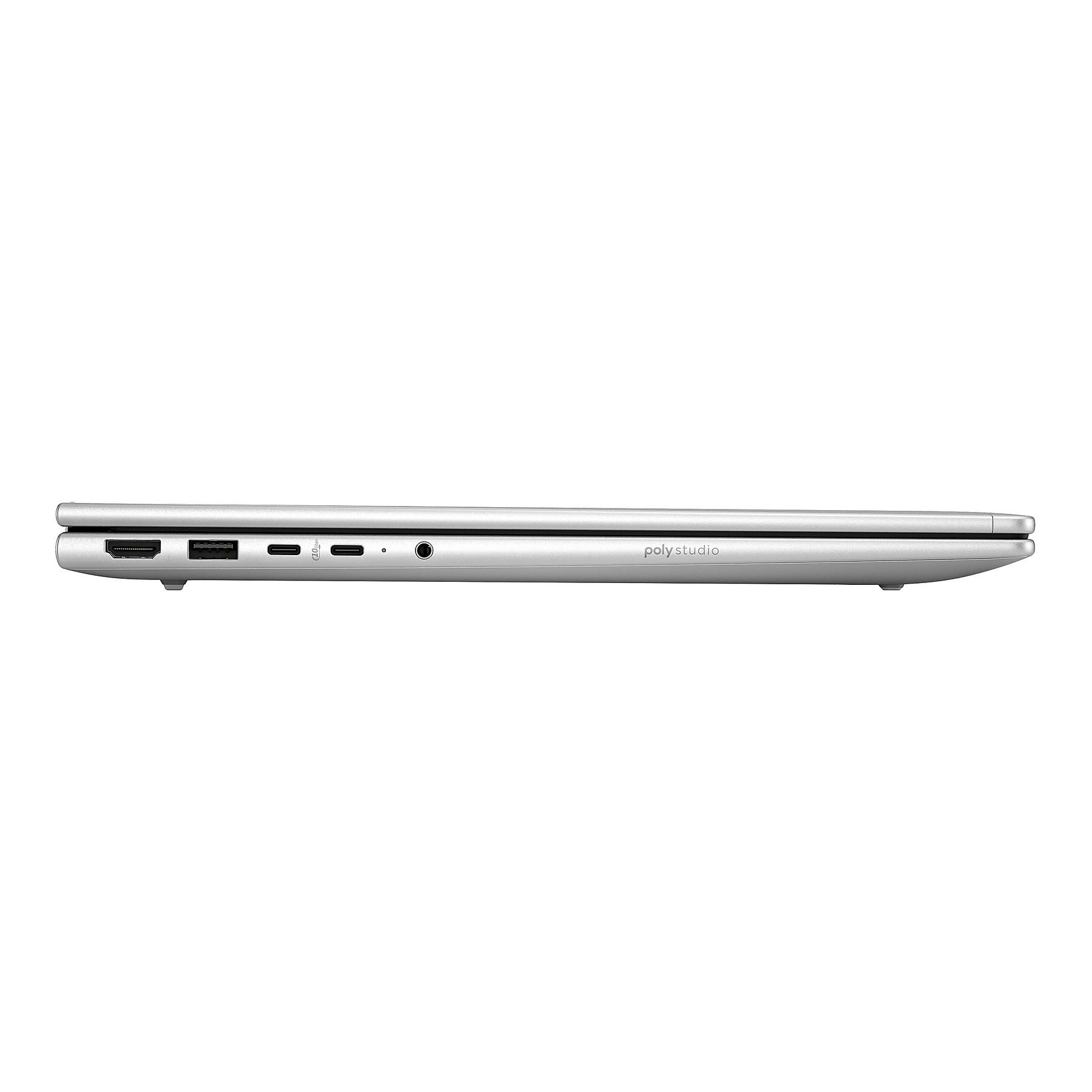 Vista laterale di un laptop argentato con porte: HDMI, USB, USB-C, jack audio.