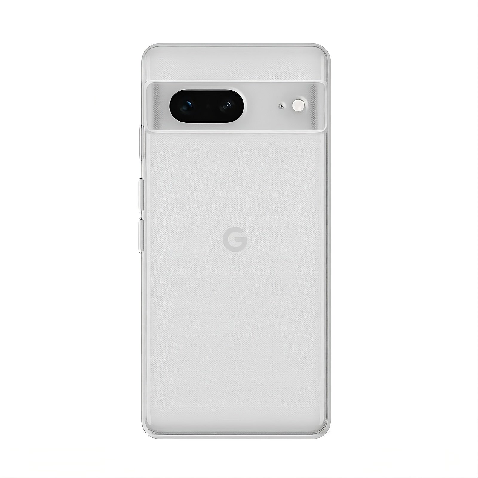Una funda de teléfono transparente con cámara trasera y logo de Google. Patrón texturizado.