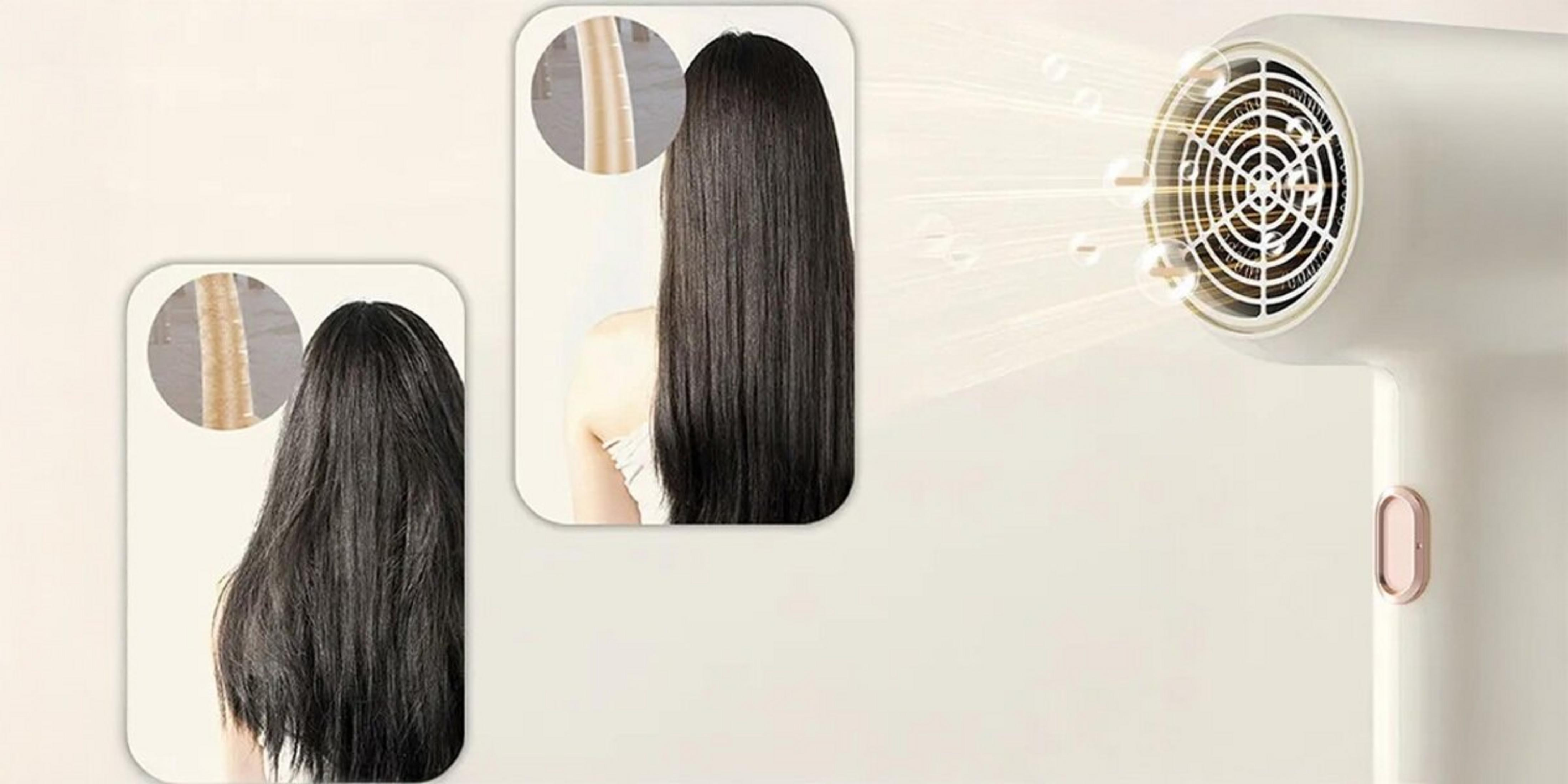 Un asciugacapelli bianco con flusso d'aria e bolle, che mostra due immagini di capelli scuri.