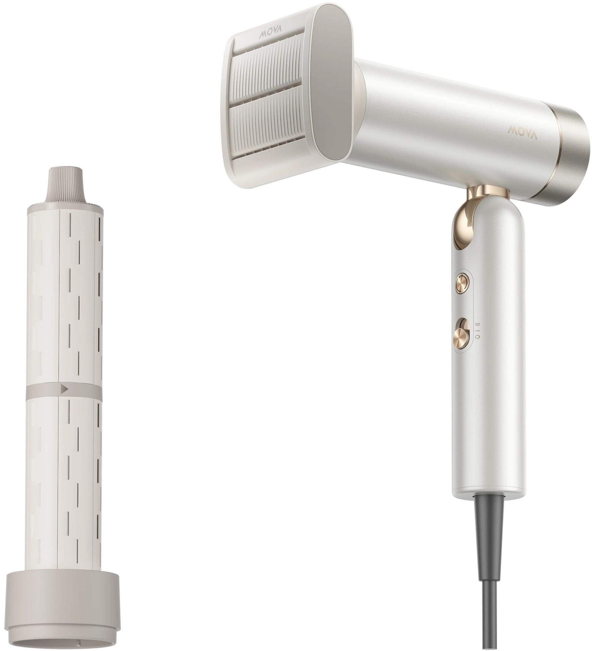 Un asciugacapelli bianco con un accessorio accanto.