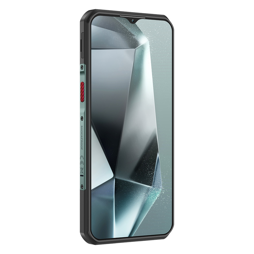 Ein schwarzes Smartphone mit einem grünen Rand und roten Akzenten.