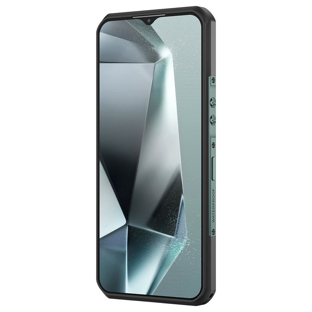Ein schwarzes Smartphone mit einem abstrakten, geometrischen Hintergrund auf dem Bildschirm.