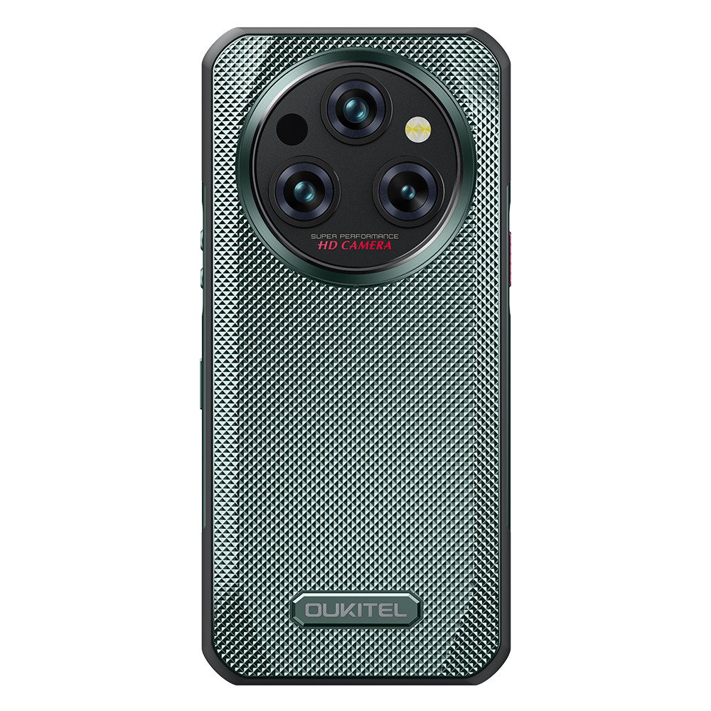 Rückseite eines grünen Smartphones mit dreifacher Kamera und OUKITEL-Logo.