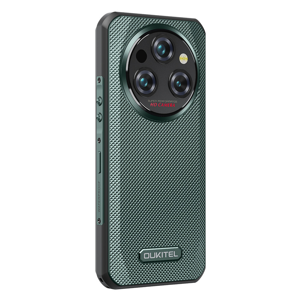 Ein grünes Smartphone mit einem texturierten Gehäuse und drei Kameras.