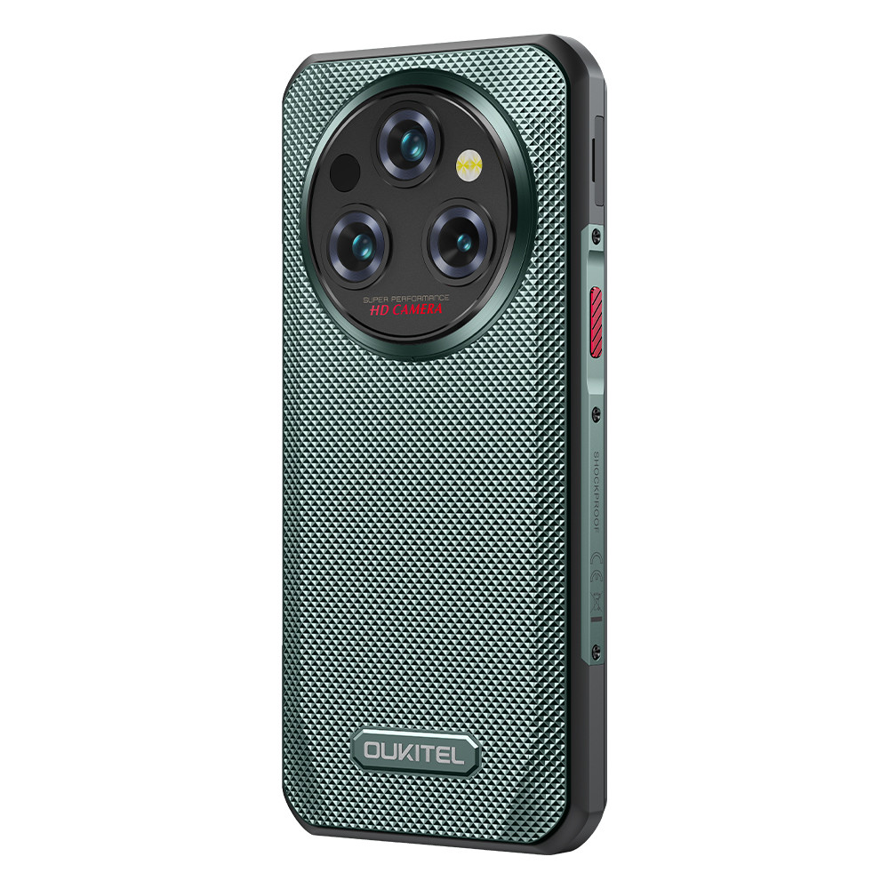Grünes Smartphone mit drei Kameras und texturiertem Gehäuse. OUKITEL-Logo unten.