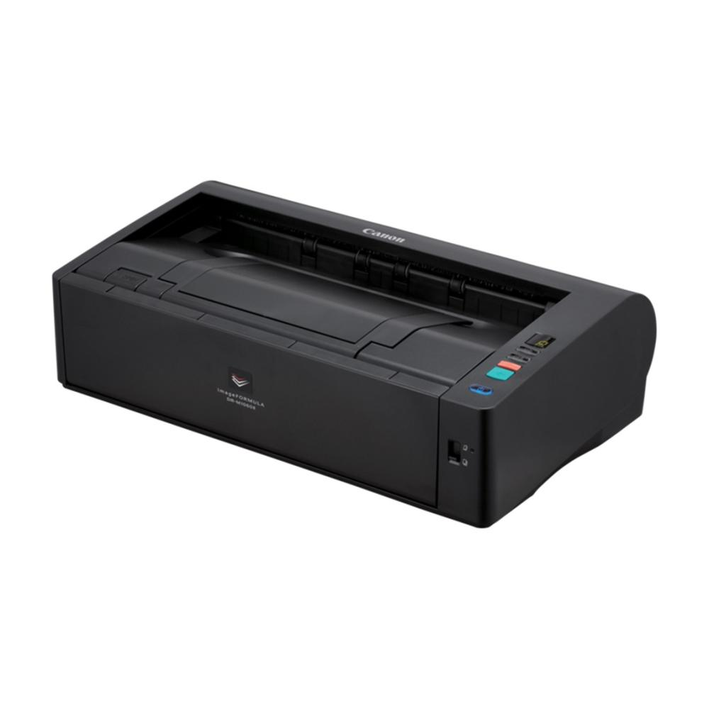 Ein schwarzer Canon ImageFORMULA Dokumentenscanner mit blauen und grünen Tasten.
