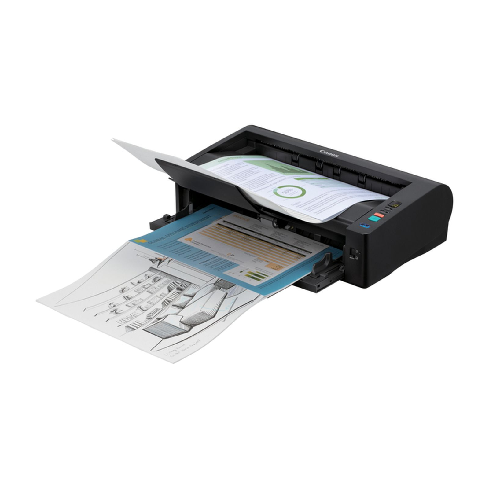 Ein schwarzer Canon-Scanner mit Dokumenten, die durchgeschoben werden.