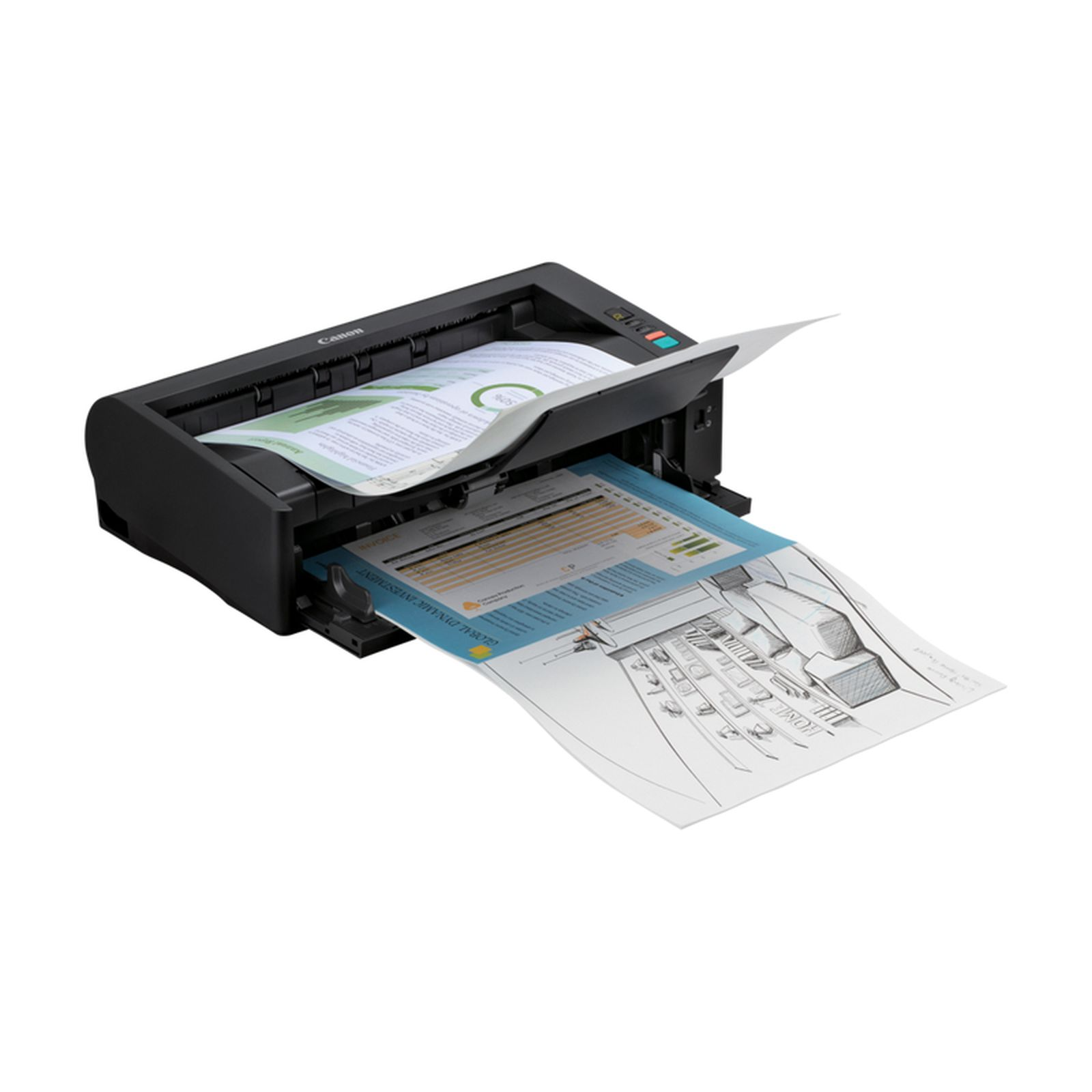 Ein Canon-Scanner verarbeitet Dokumente mit Diagrammen und einer Zeichnung.