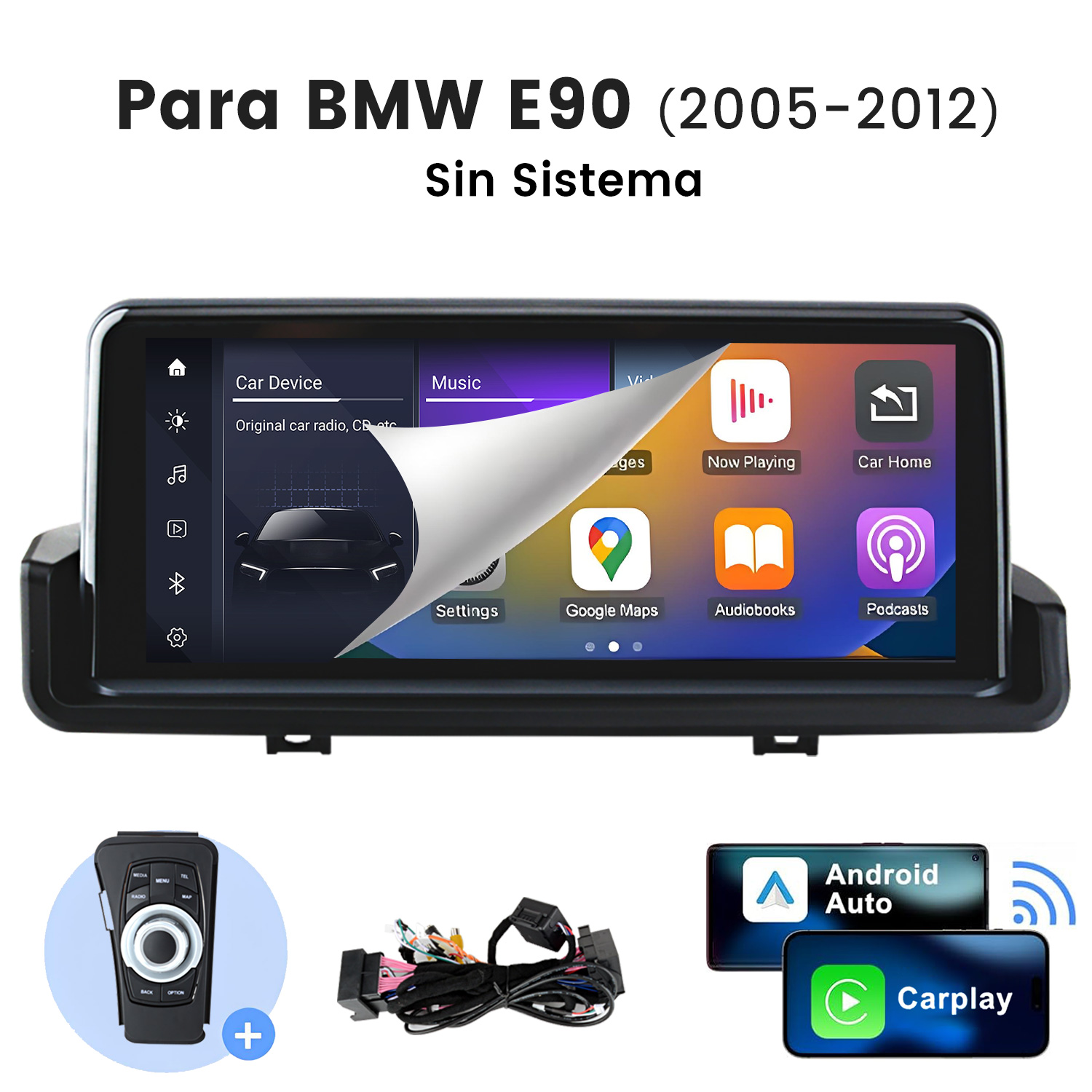 Sistema infoentretenimiento coche BMW E90 con accesorios: mando, cables, Android Auto, CarPlay.