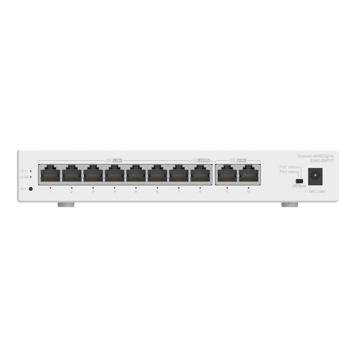 Ein weißes Huawei eKitEngine S380-S8P2T mit 10 GE-Ports, Stromanschluss und Status-LEDs.