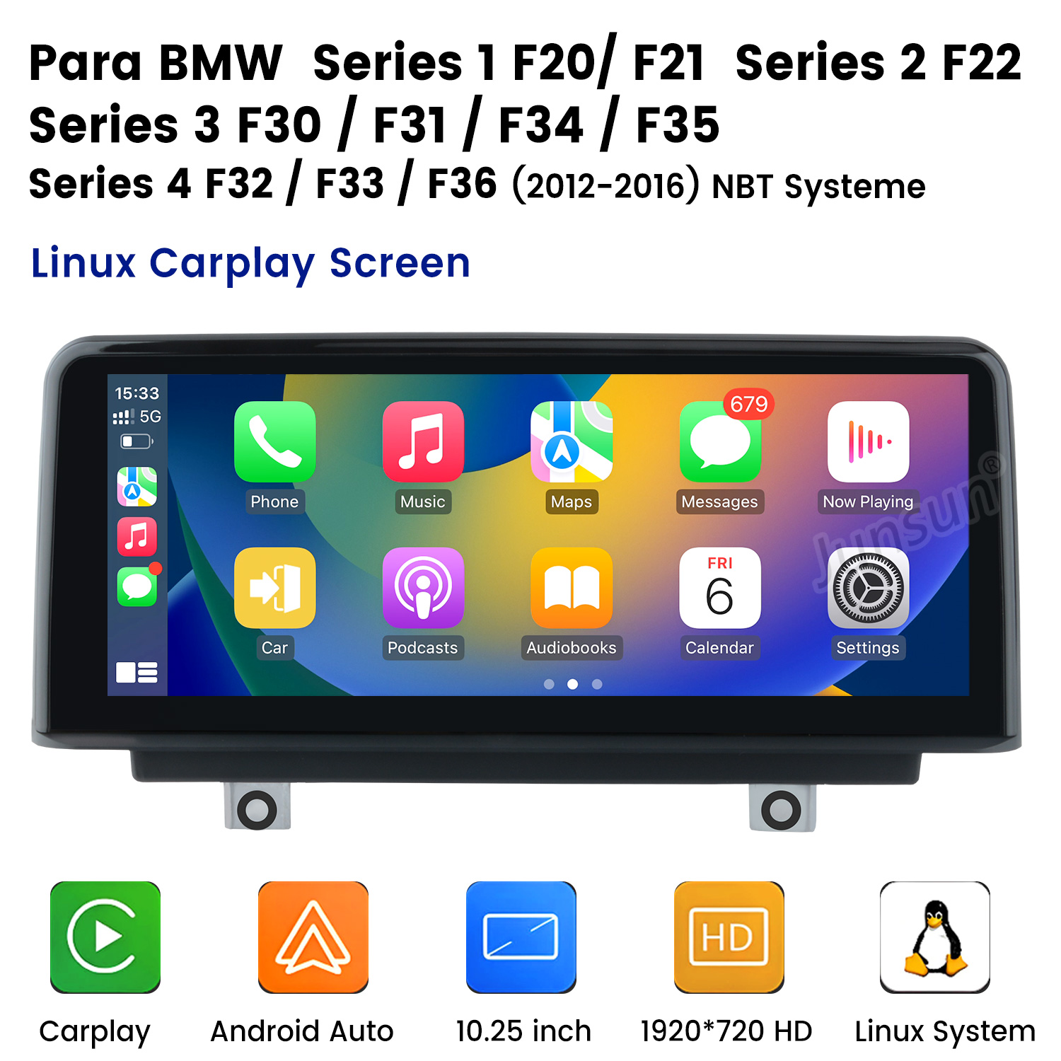 Pantalla de coche con interfaz Carplay, iconos de Teléfono, Música, Mapas, Mensajes.