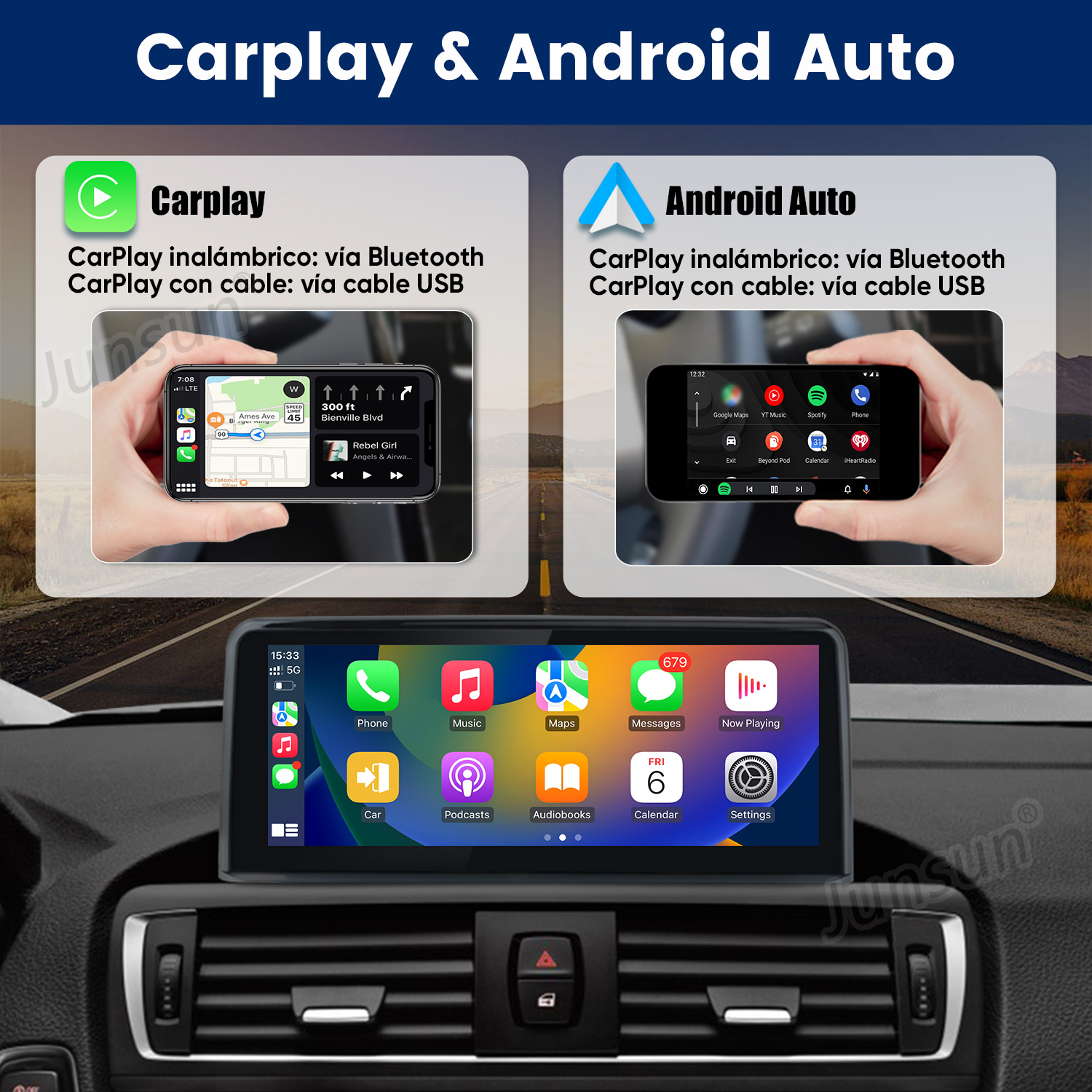 CarPlay y Android Auto en pantalla de coche con navegación y música.