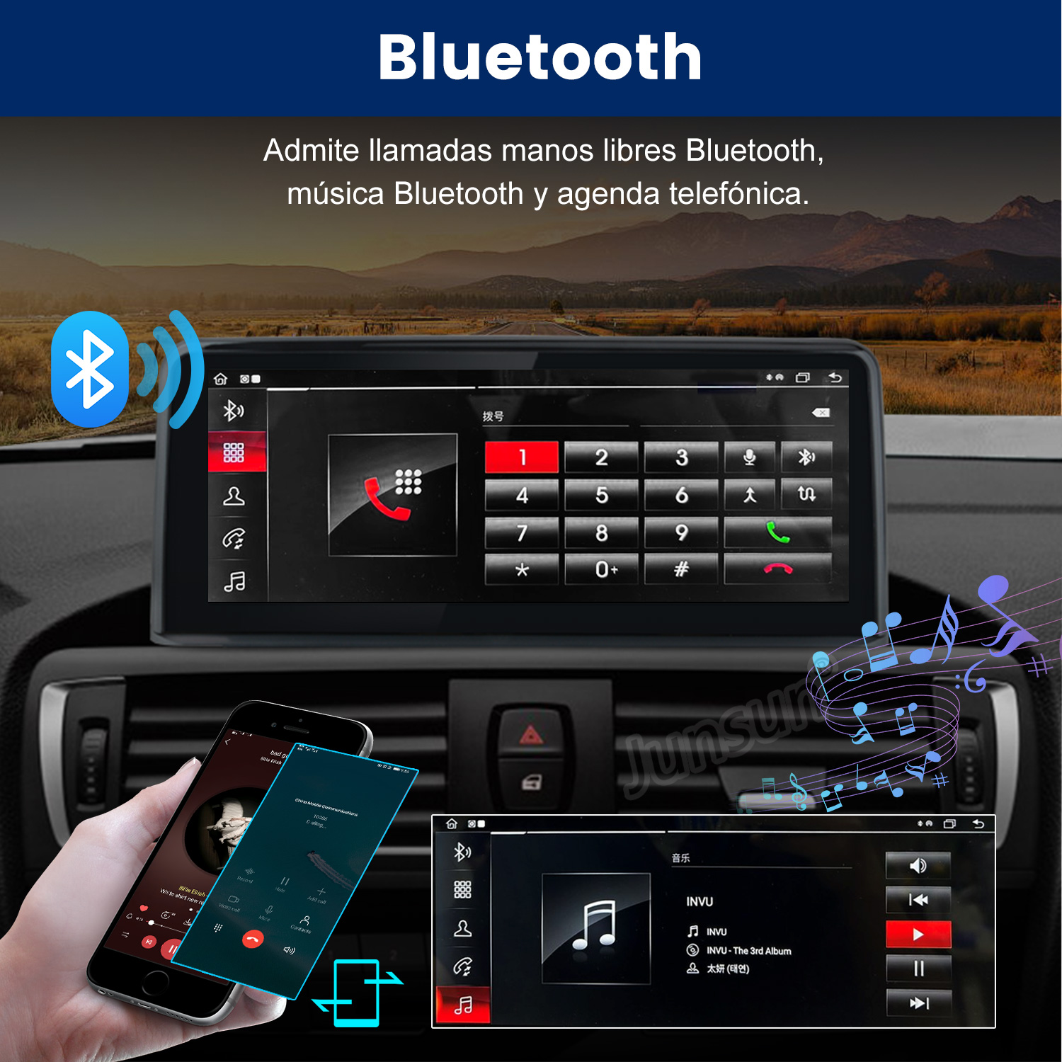 Sistema de infoentretenimiento del coche muestra llamadas y música vía smartphone.