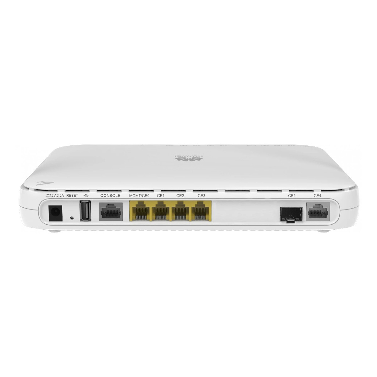 Un router Huawei bianco con porte: alimentazione, reset, console, MGMT/GE0, GE1, GE2, GE3, GE4.