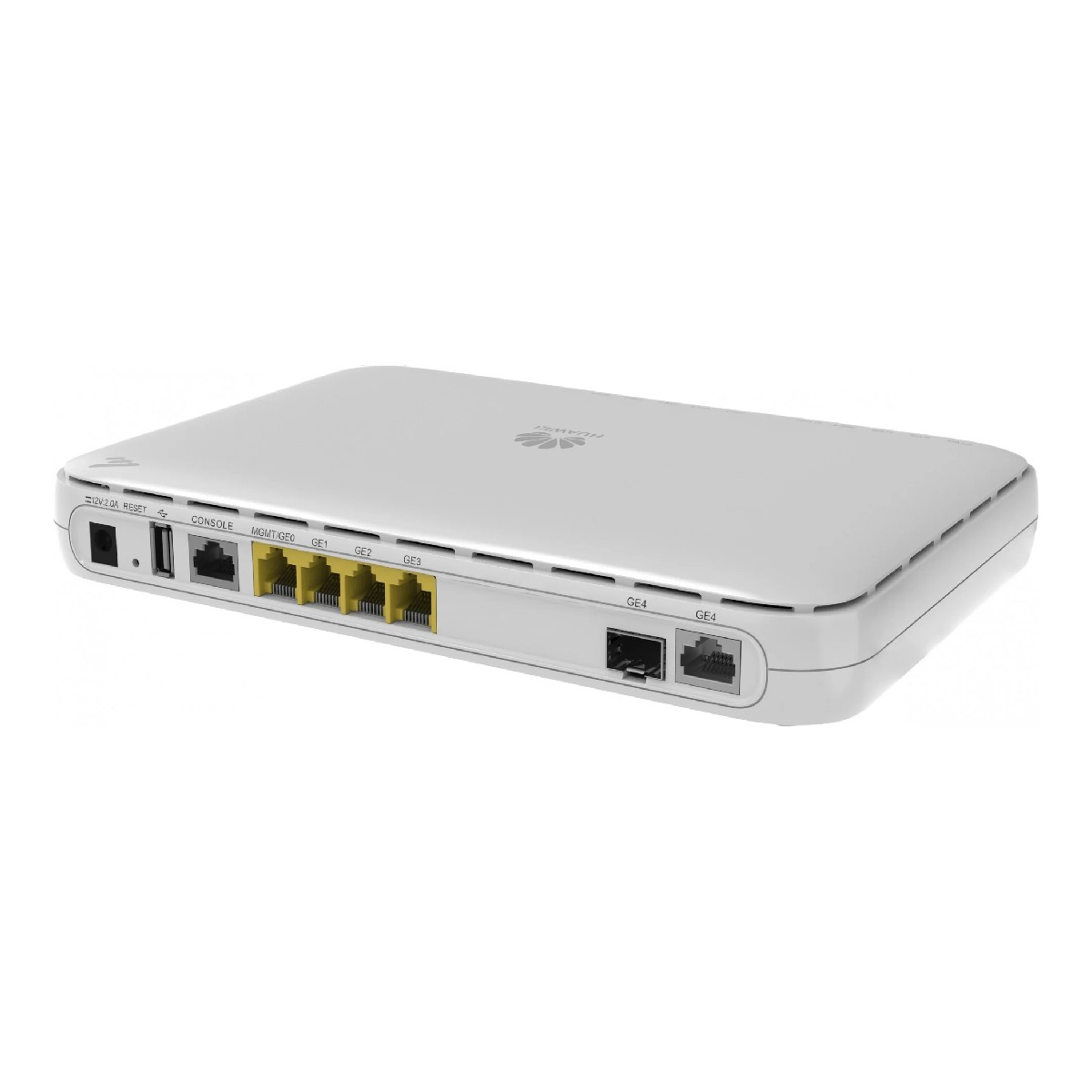 Un router Huawei bianco con porte Ethernet, porta console e ingresso di alimentazione.