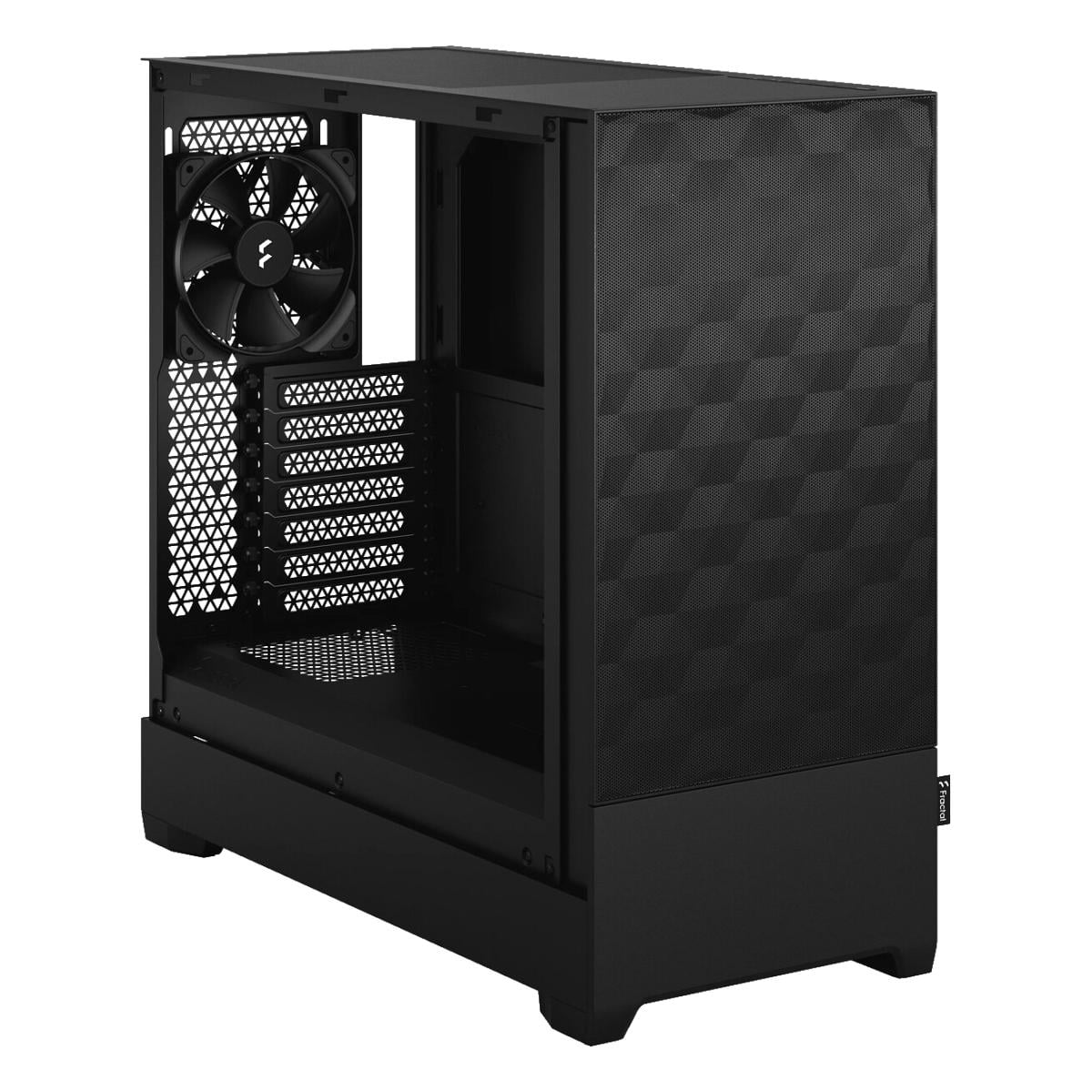 Schwarzes Computergehäuse mit Lüfter und perforierten Seiten.