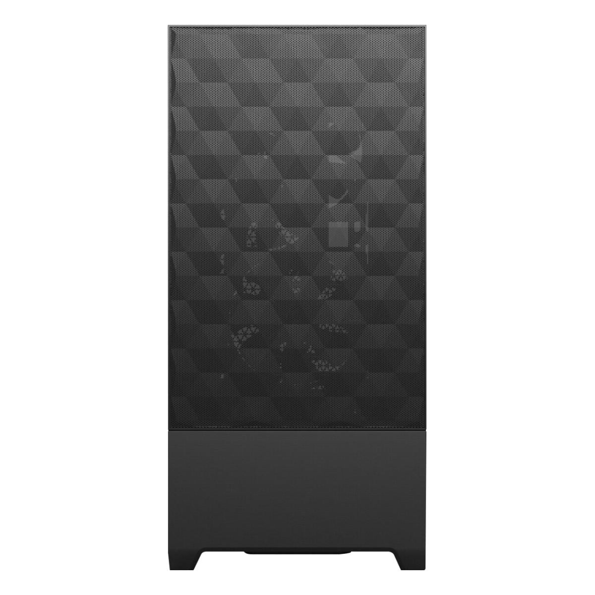 Ein schwarzes Computergehäuse mit perforierter Front und geometrischem Muster.