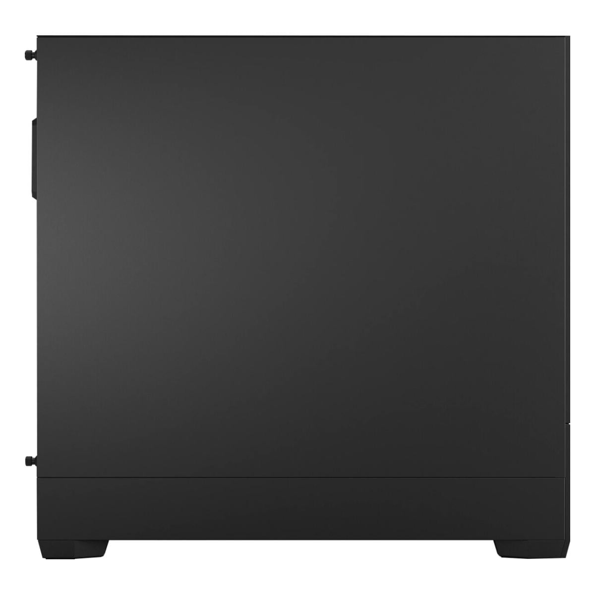Schwarzes Computergehäuse von der Seite mit Füßen unten.