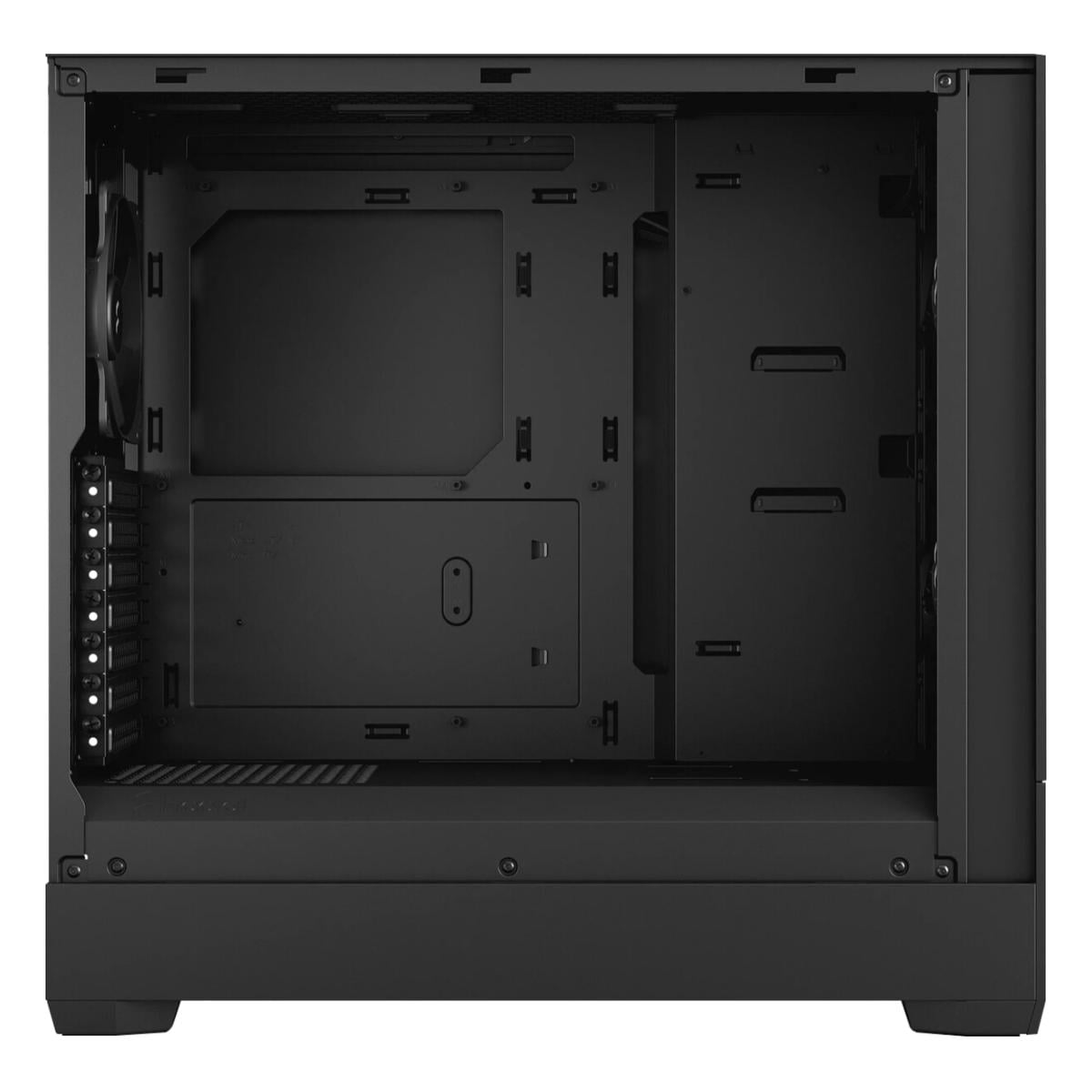 Ein schwarzes Computergehäuse mit Lüfter und Installationsschächten.