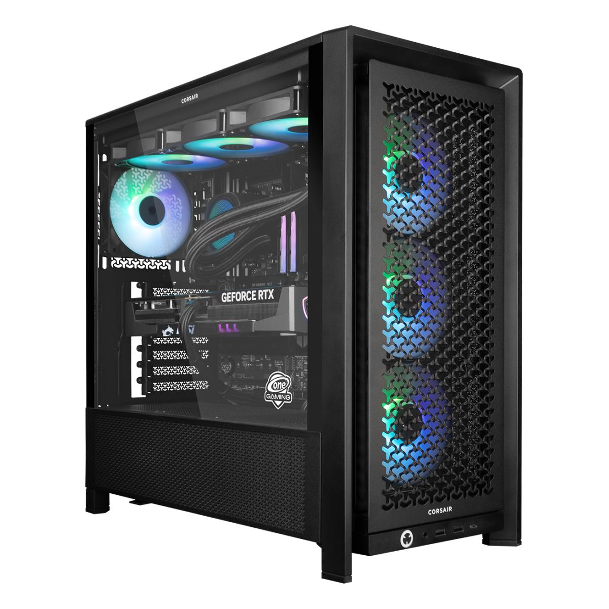 Ein schwarzes PC-Gehäuse mit RGB-Lüftern und Sichtfenster.