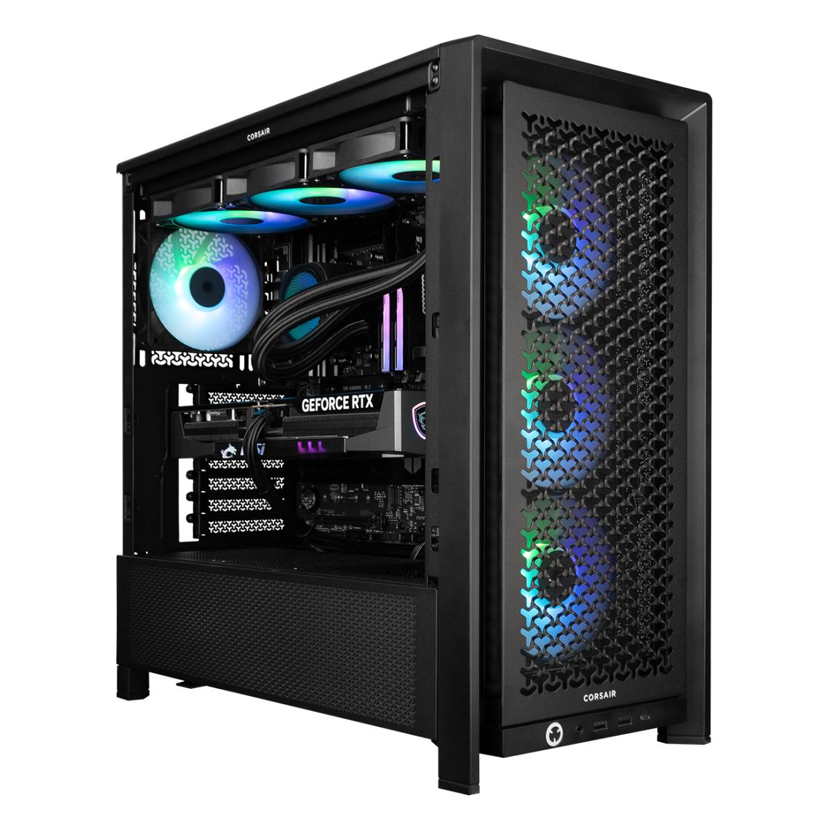 Ein schwarzer Computerturm mit RGB-Lüftern und einer GeForce RTX-Grafikkarte.