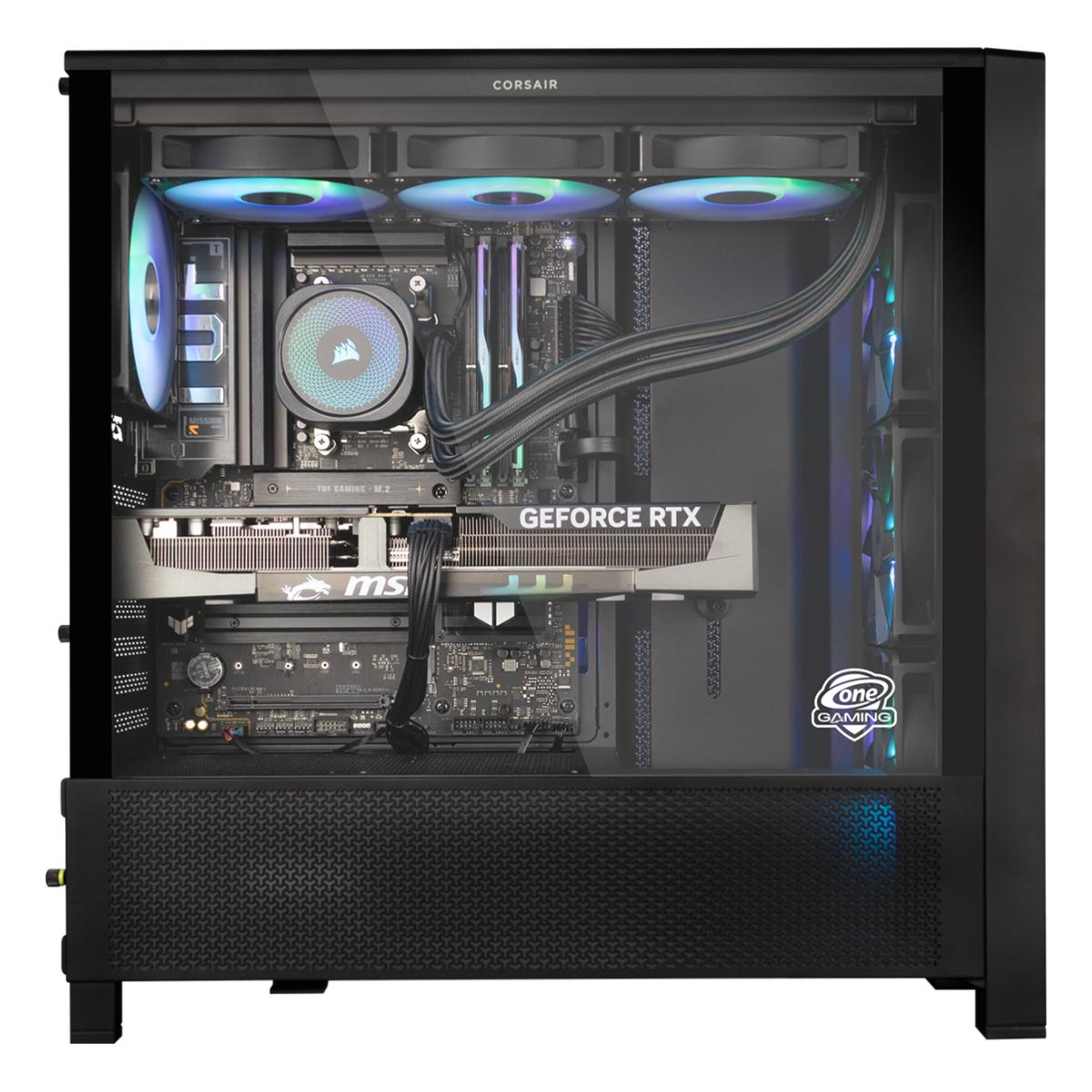 Ein Corsair-Gaming-PC mit RGB-Lüftern, GeForce RTX-Grafikkarte und Wasserkühlung.