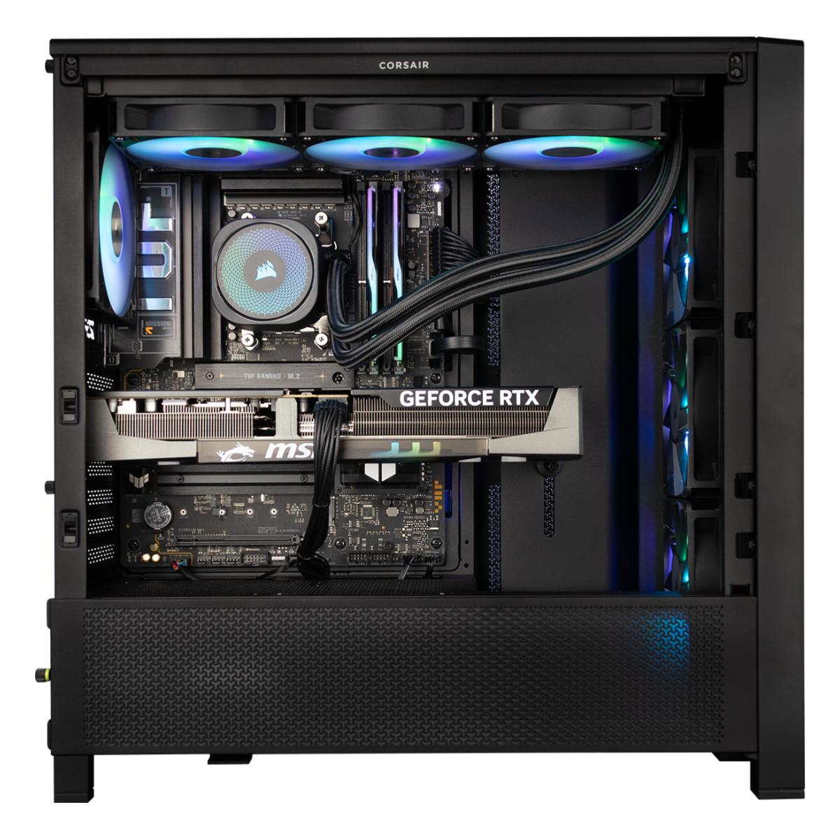 Ein schwarzer PC-Turm mit RGB-Lüftern, einer GeForce RTX GPU und Corsair-Branding.
