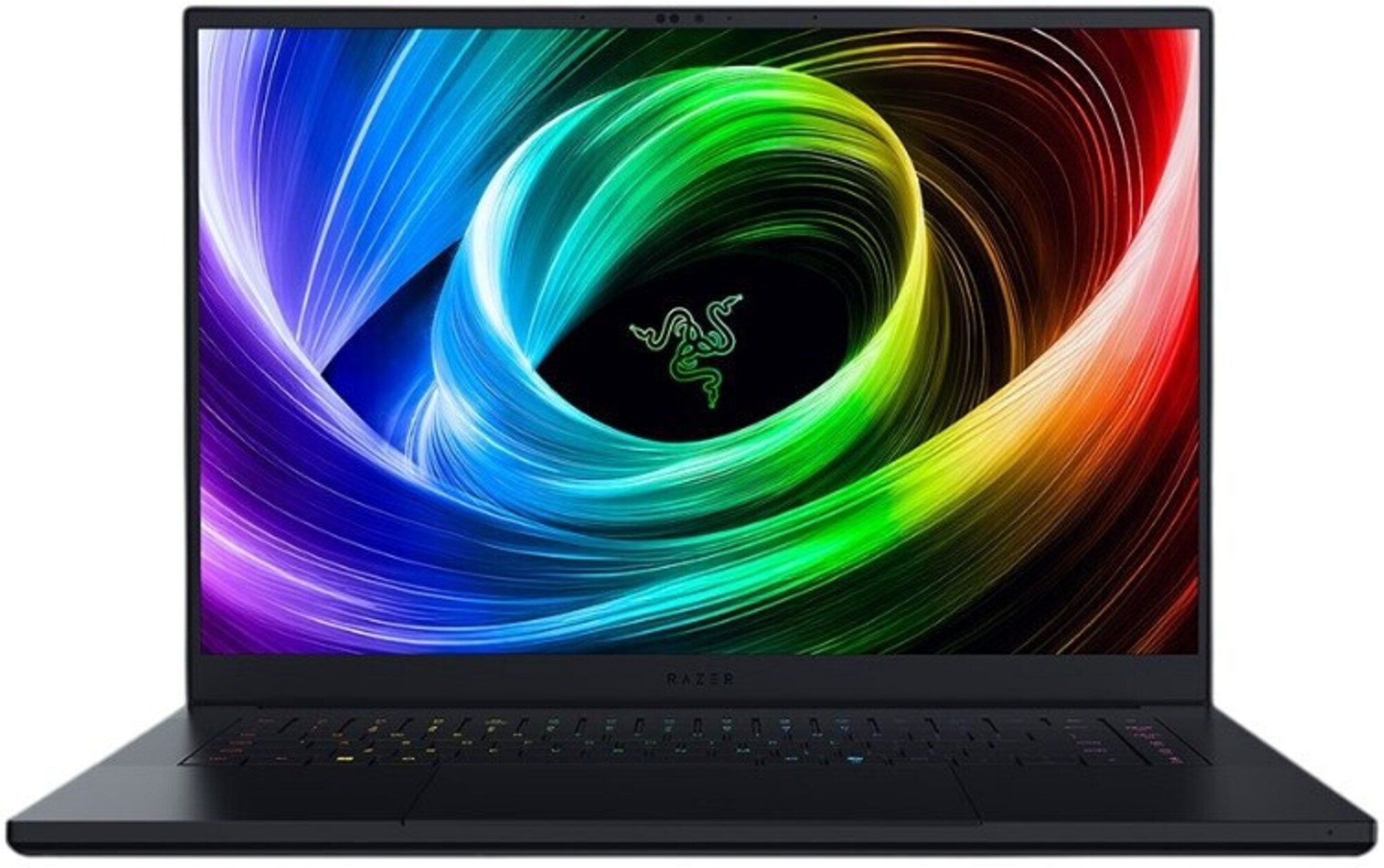 Schwarzer Laptop mit leuchtendem Regenbogen-Hintergrund und Razer-Logo.