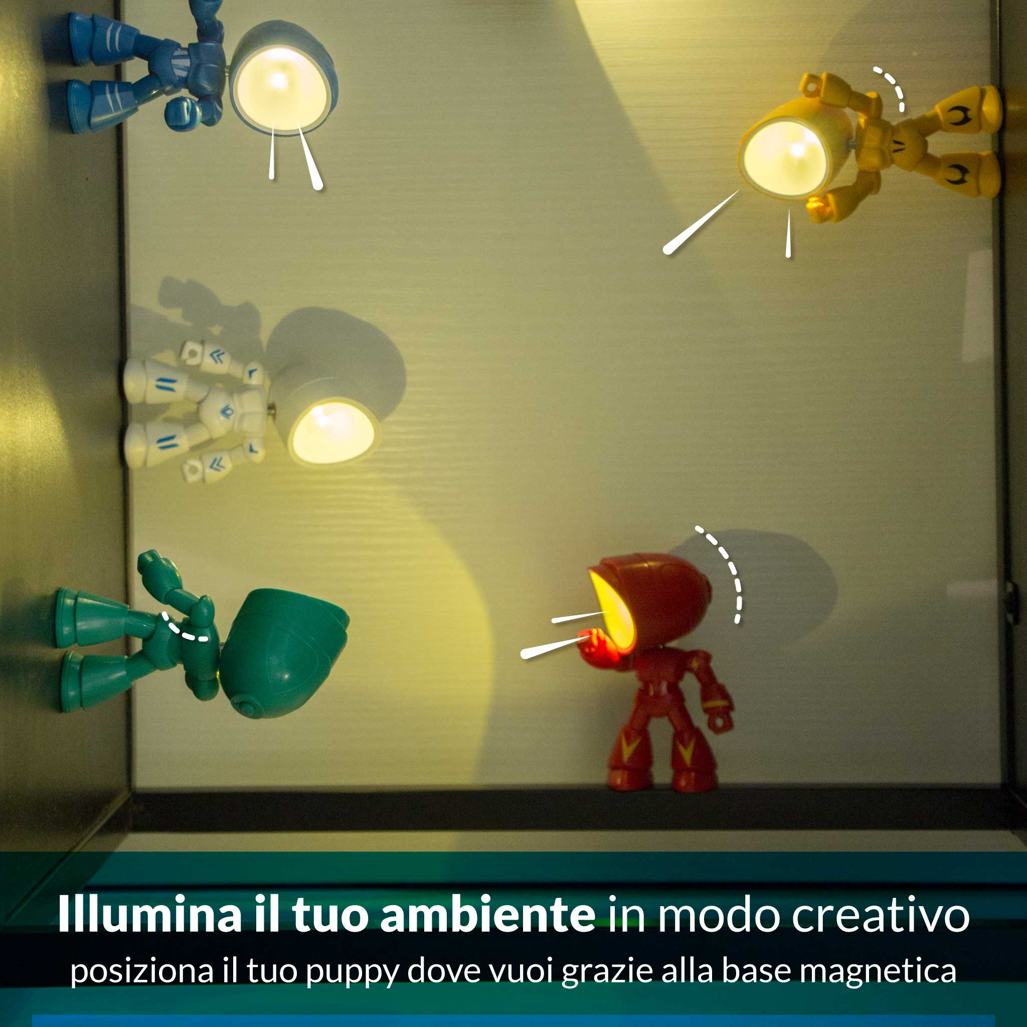 Quattro lampade robotiche magnetiche rosse, gialle, blu e verdi illuminano un muro.