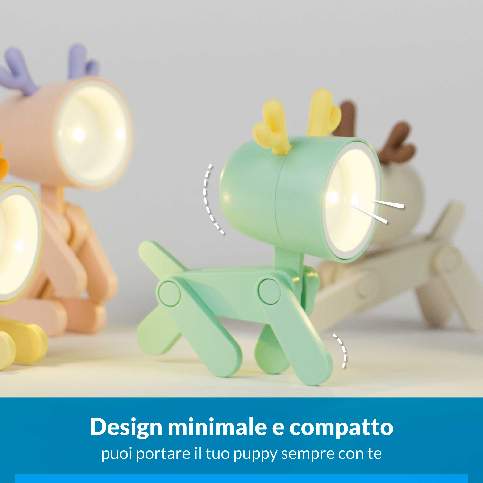 Diverse simpatiche lampade a forma di cane in colori pastello su sfondo chiaro.