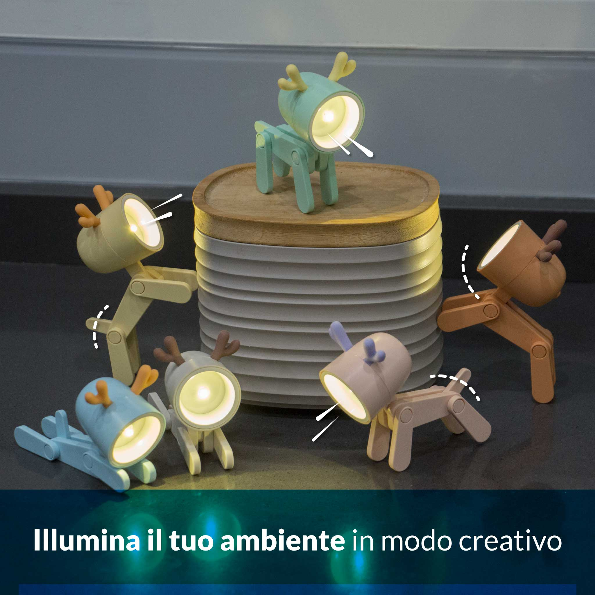 Diverse piccole lampade a forma di animale in vari colori sono accese.